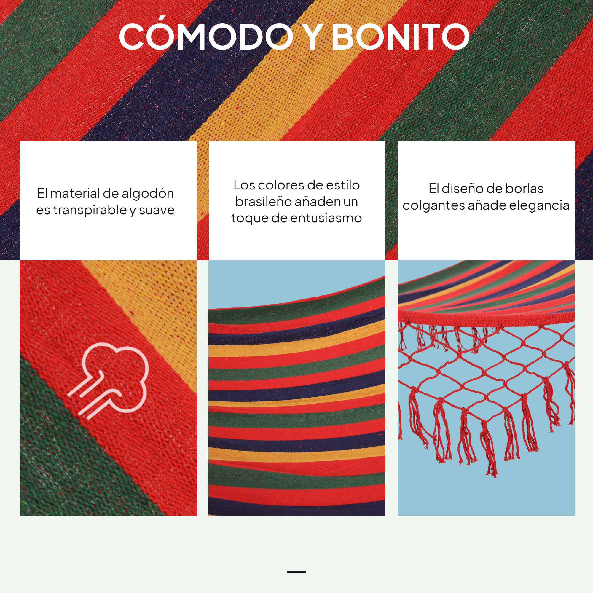 Hamaca de algodón a rayas con borlas. Colores rojo, azul, verde, amarillo.