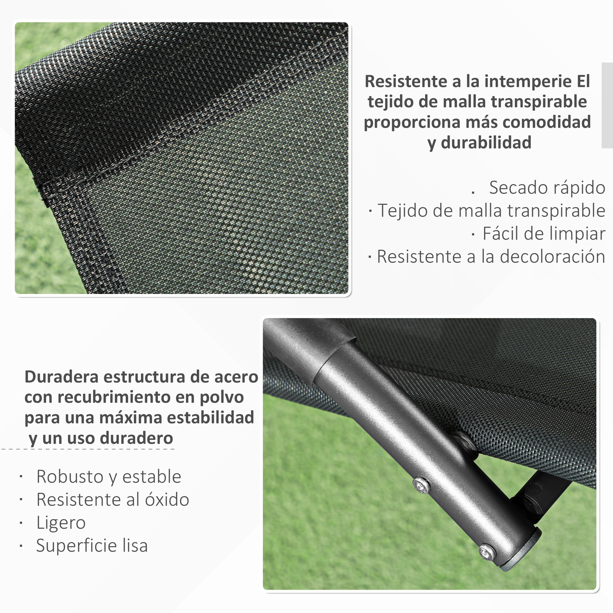 Primer plano de tejido de malla negro y estructura metálica con tornillos.