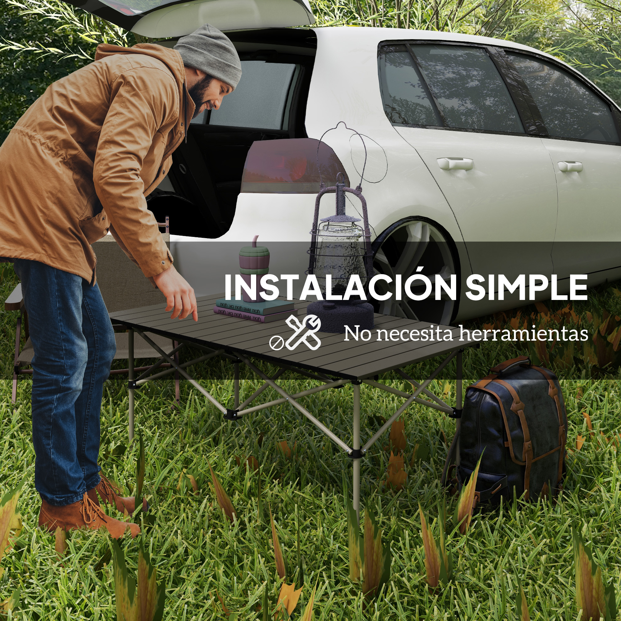 Hombre descarga equipo de camping de un coche blanco. Mesa plegable con farol.