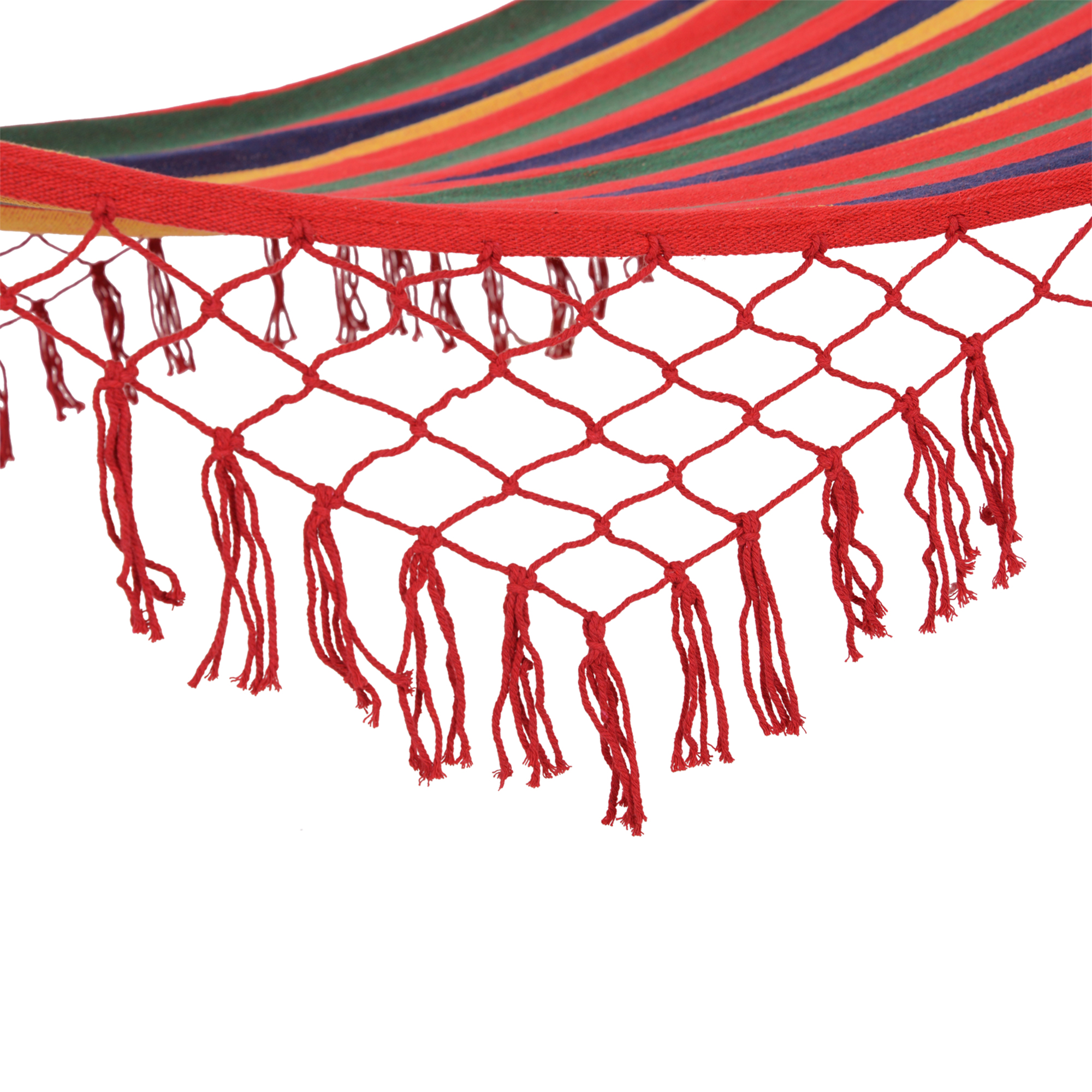 Tejido de hamaca a rayas con flecos rojos y detalles de red.