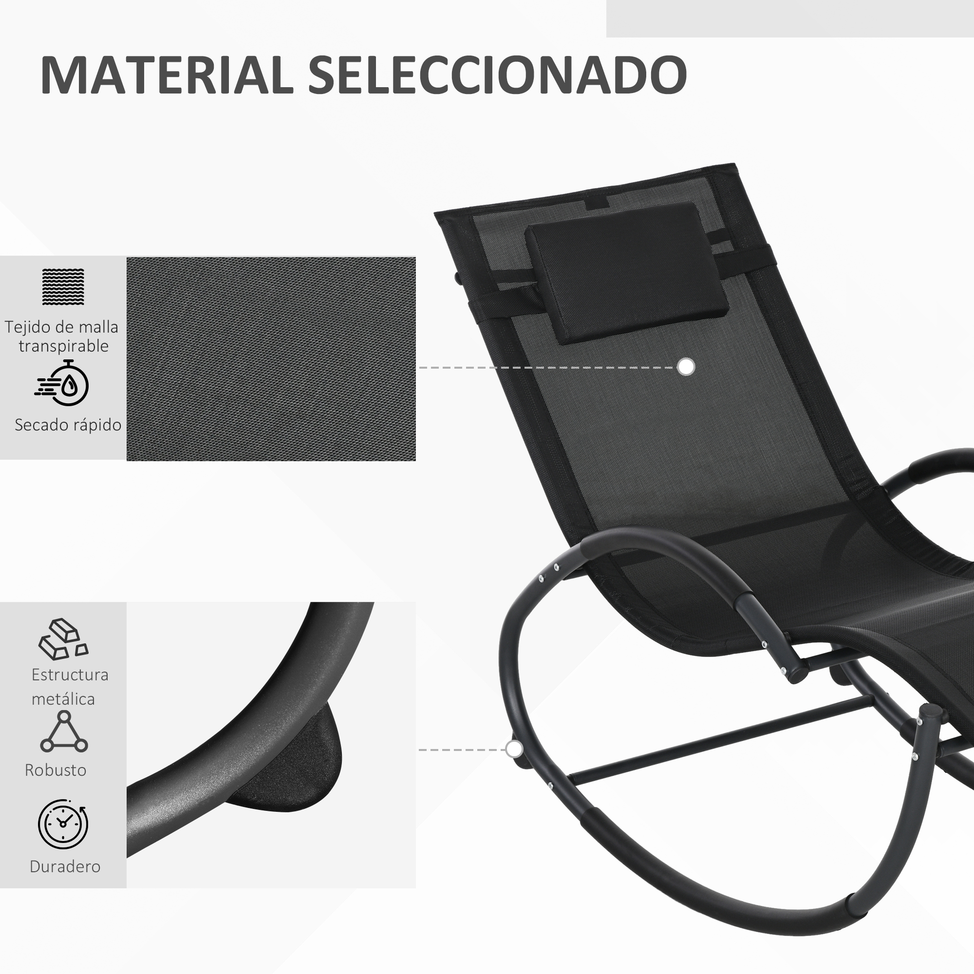 Silla mecedora negra de malla con marco de metal y cojín.