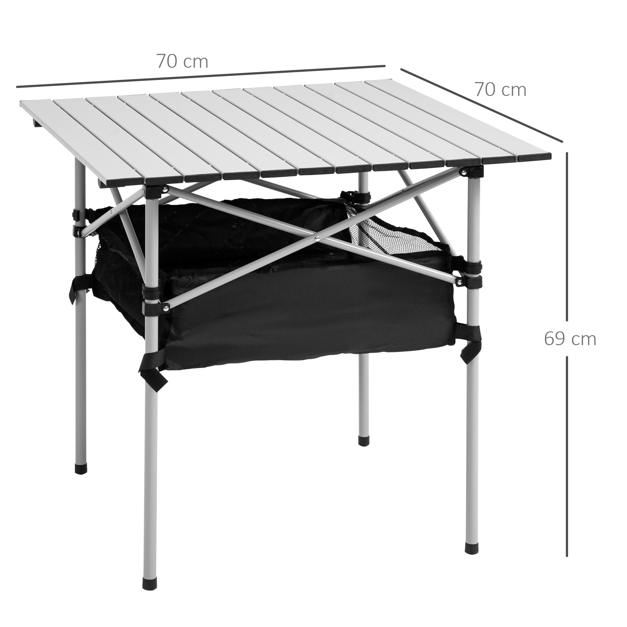 Una mesa plegable de aluminio con compartimento de almacenamiento de tela negra.