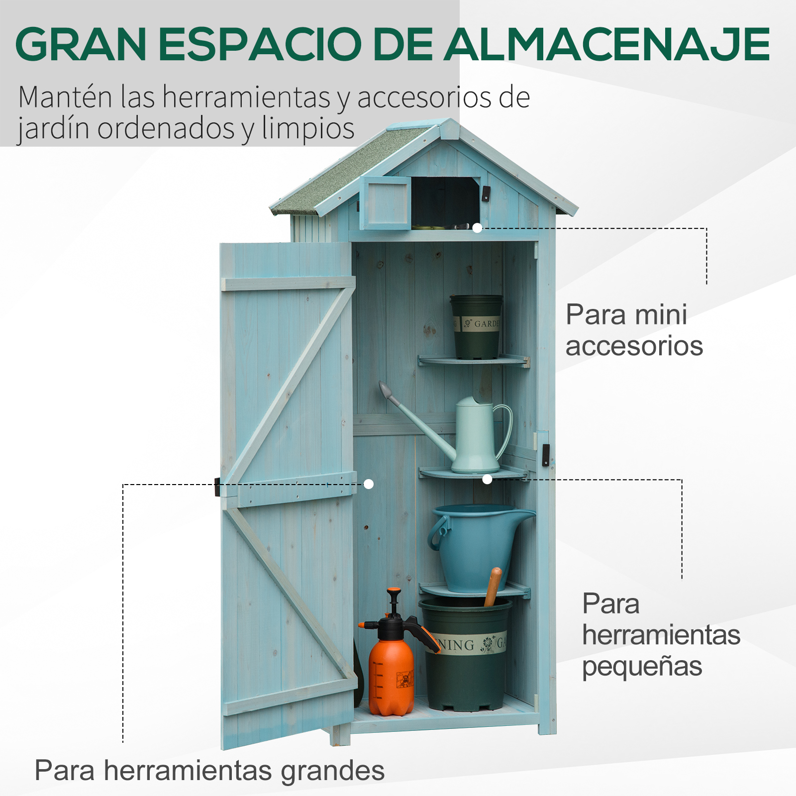 Un cobertizo de jardín azul claro con puerta abierta, lleno de herramientas y macetas.