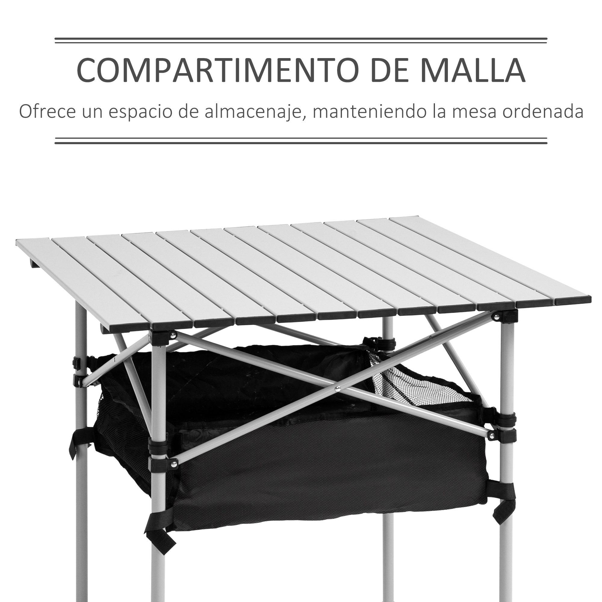 Una mesa ligera y portátil con superficie de listones y compartimento de malla negro debajo.