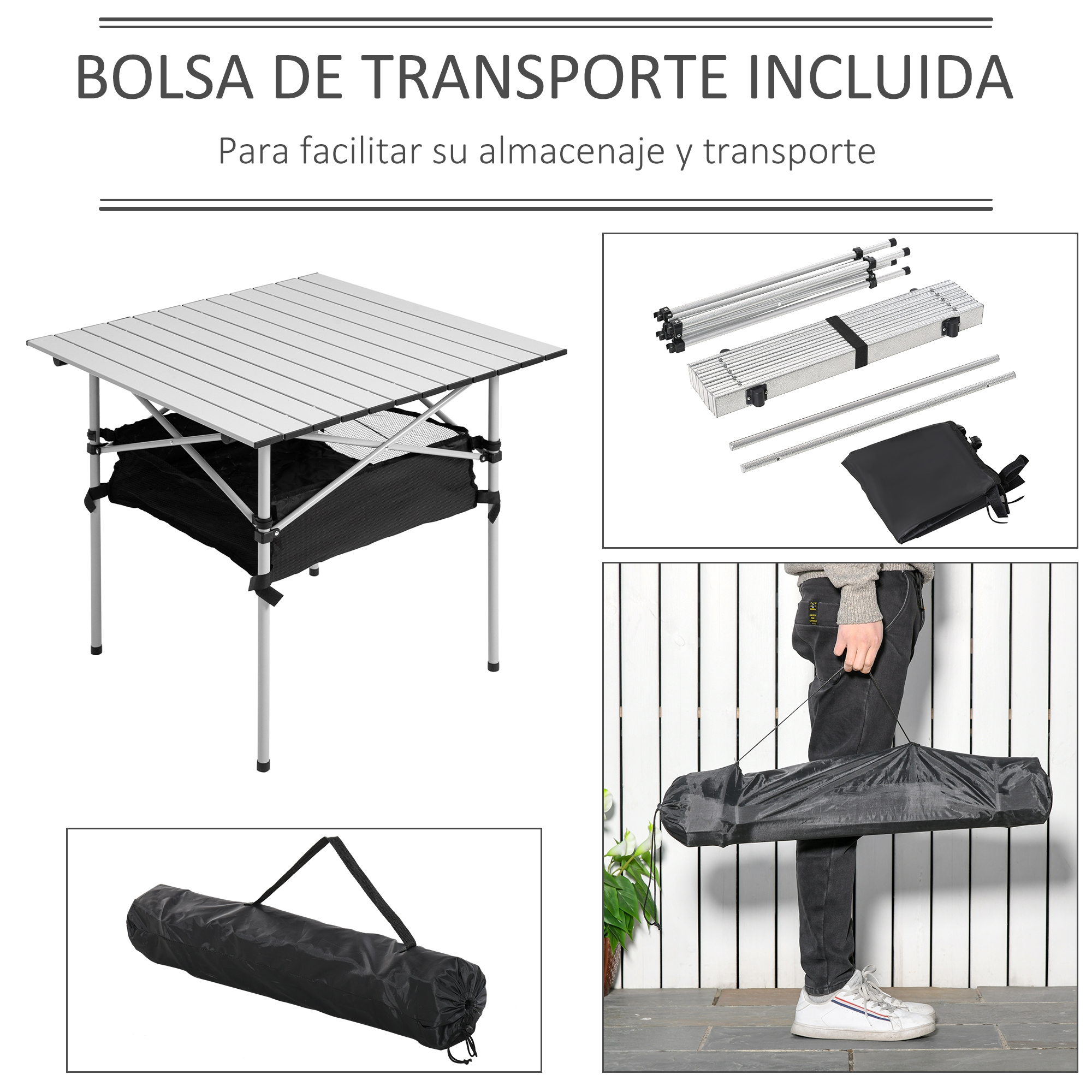 Una mesa plegable con tablero plateado y base de tela negra.