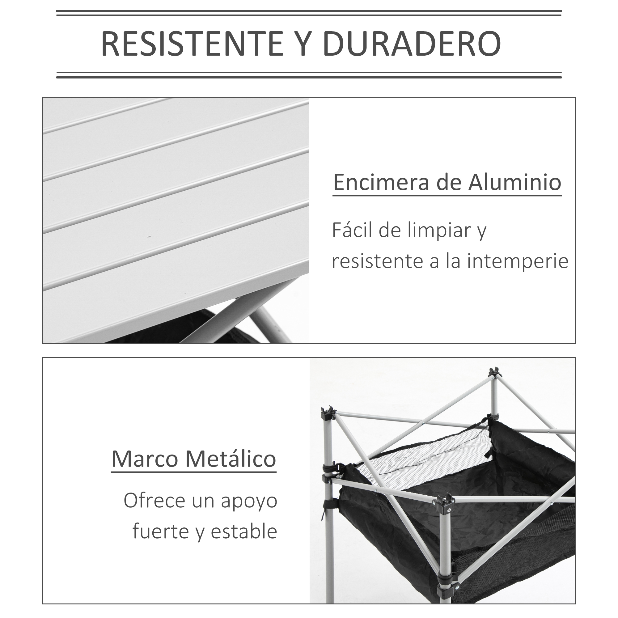 Encimera de aluminio y marco metálico de una mesa duradera e intemperie.