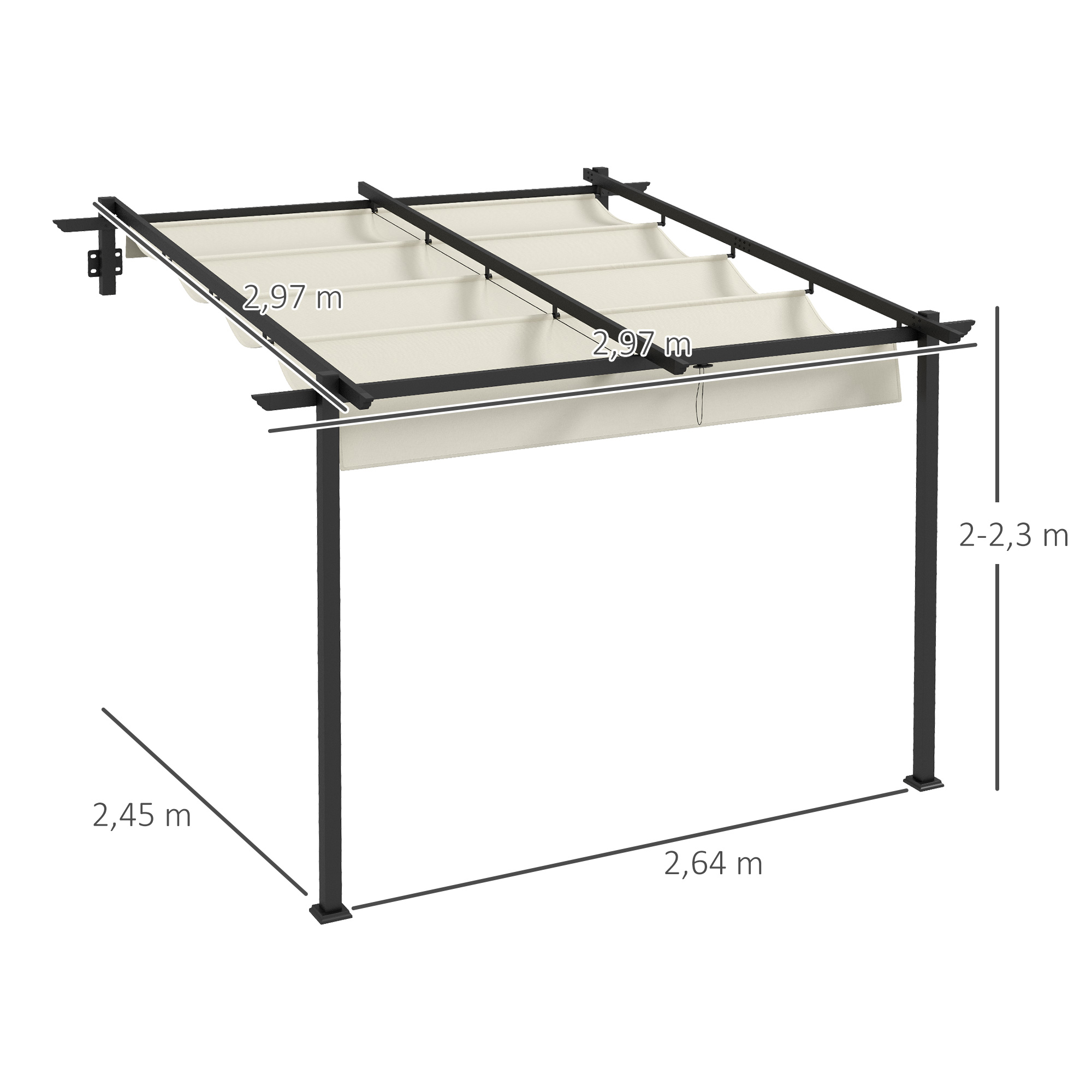 Un toldo color crema con marco de metal negro, se muestran las dimensiones.