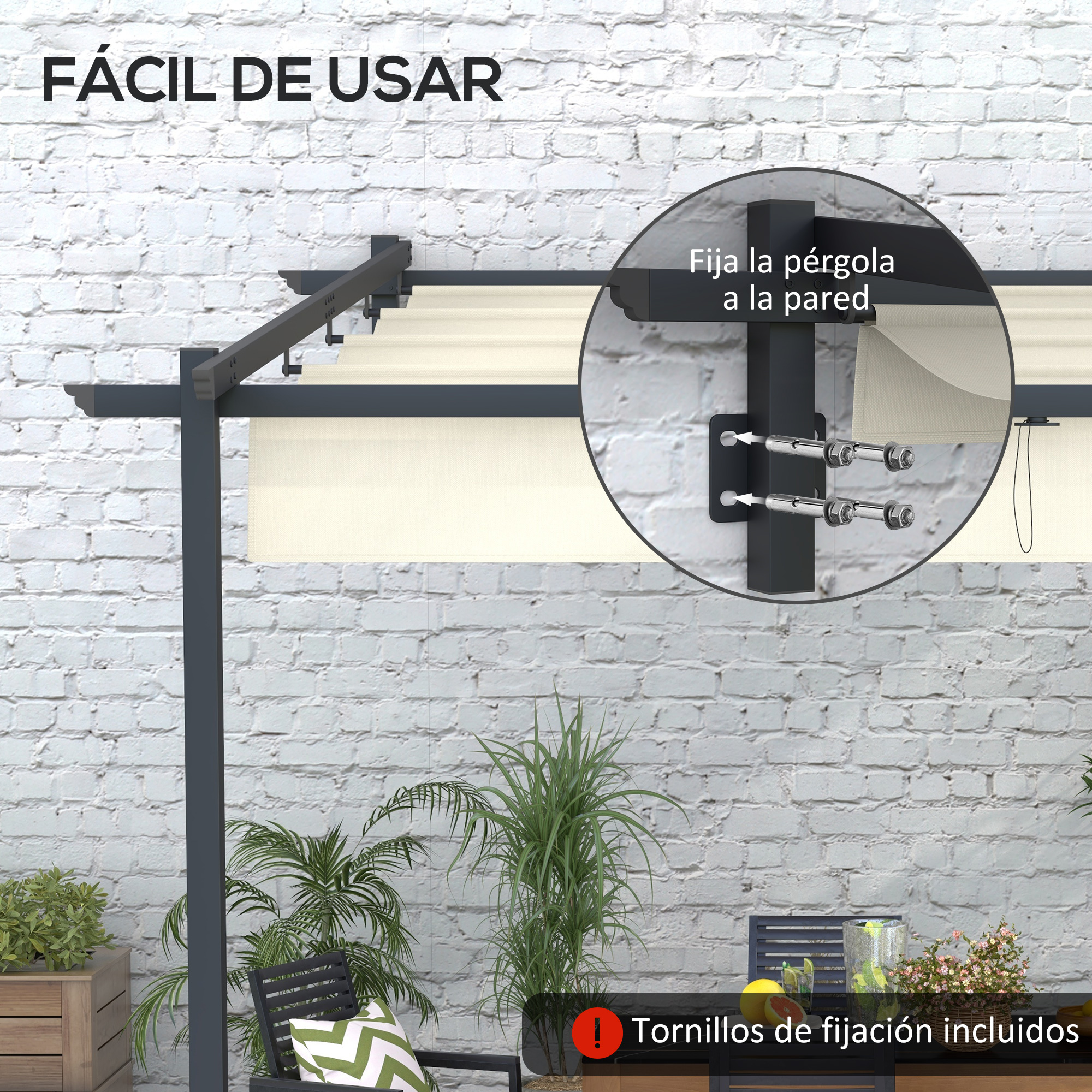Pérgola con toldo crema, fijada a la pared con tornillos. Pared de ladrillos.