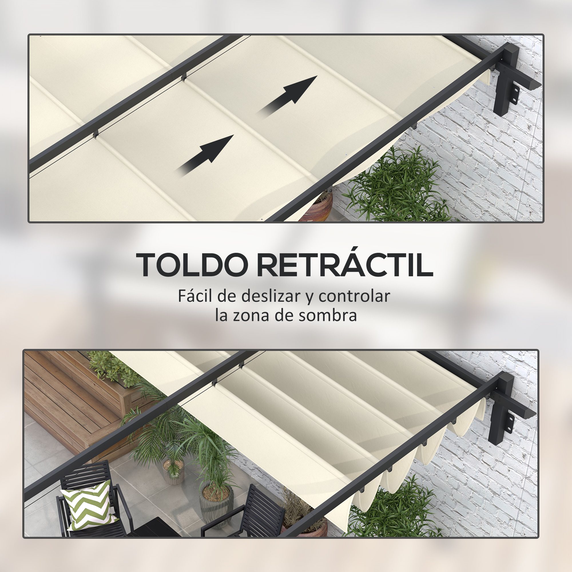 Un toldo retráctil beige con vigas de metal negras sobre un patio.