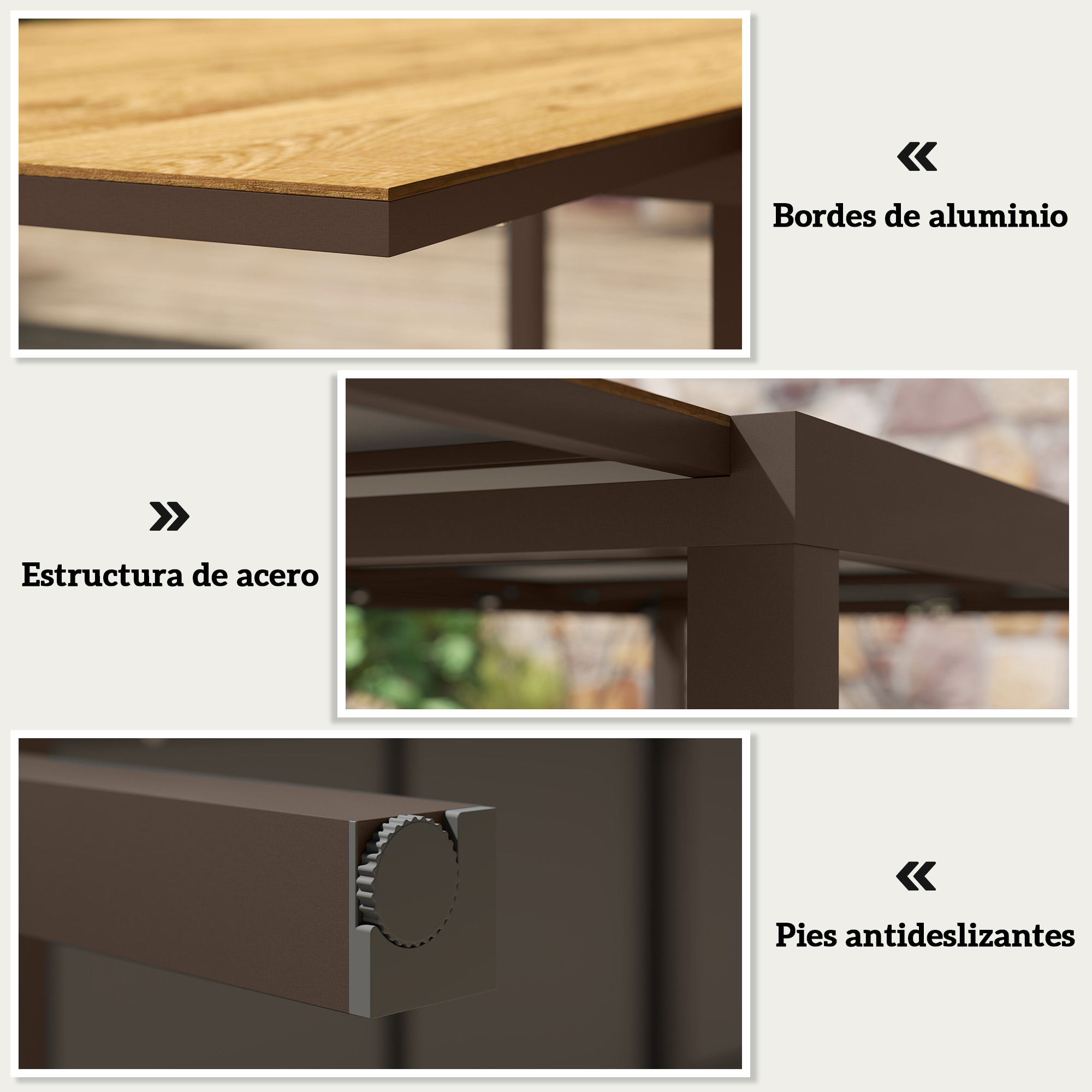 Primer plano de superficie de mesa de madera con borde de aluminio marrón, marco de acero y pies.