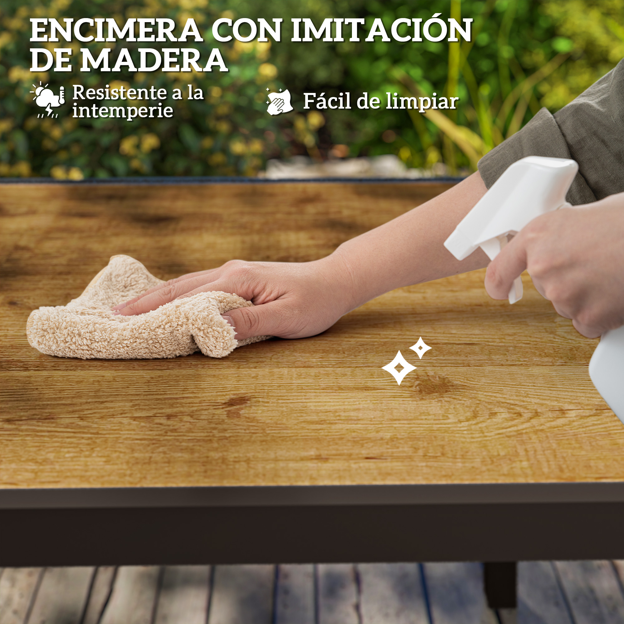 Encimera de imitación madera limpiada con paño y pulverizador.