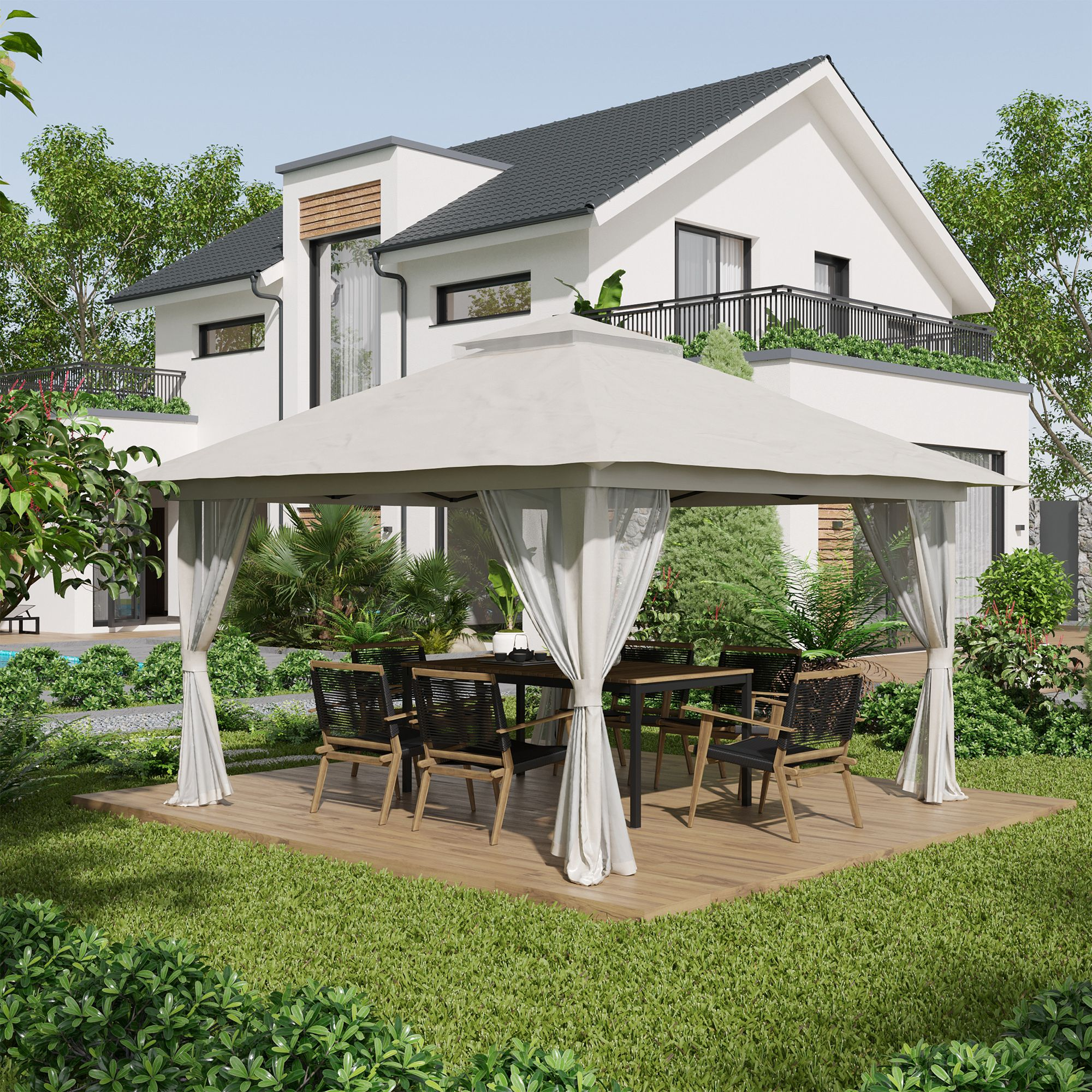 Una casa moderna bianca con tetto grigio, set da pranzo esterno sotto un gazebo su terrazza in legno.