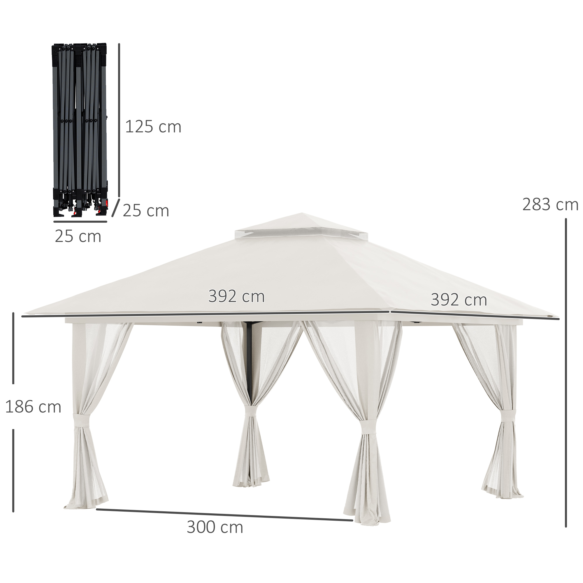 Viene mostrato un gazebo bianco con dimensioni. Dimensioni: 300x300x283 cm.