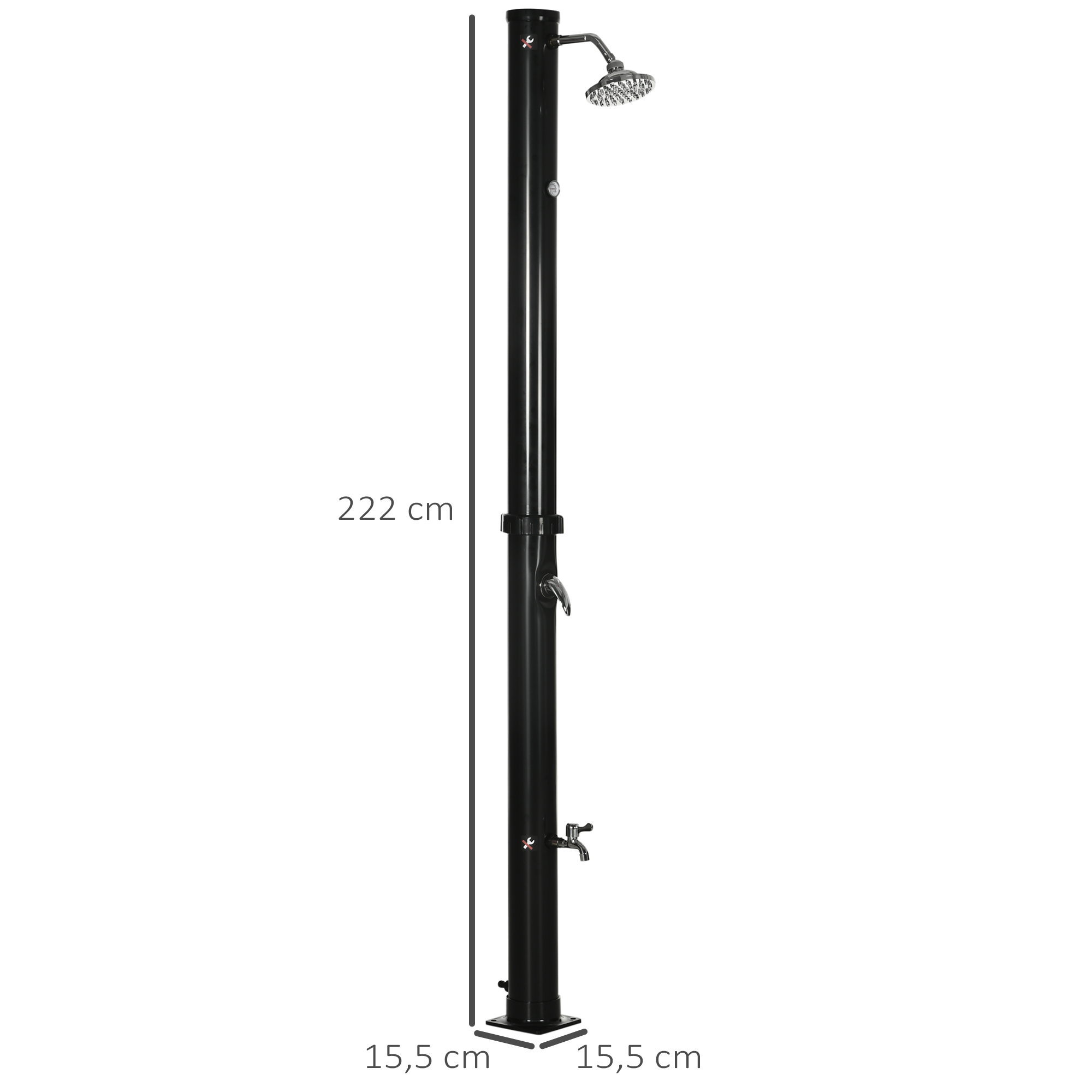 Mástil de ducha negro, 222 cm de alto, con cabezal y grifo.