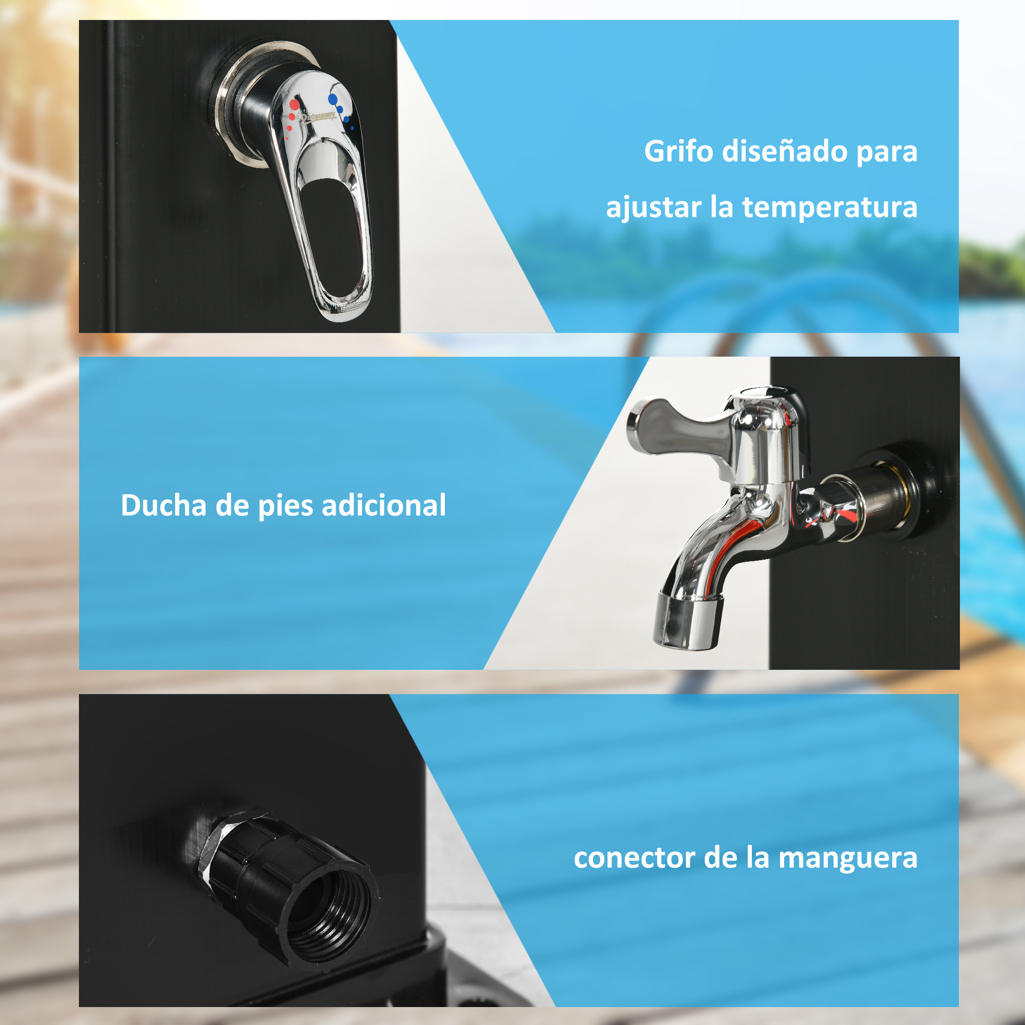Grifo para ajustar temperatura, ducha de pies y conector de manguera.