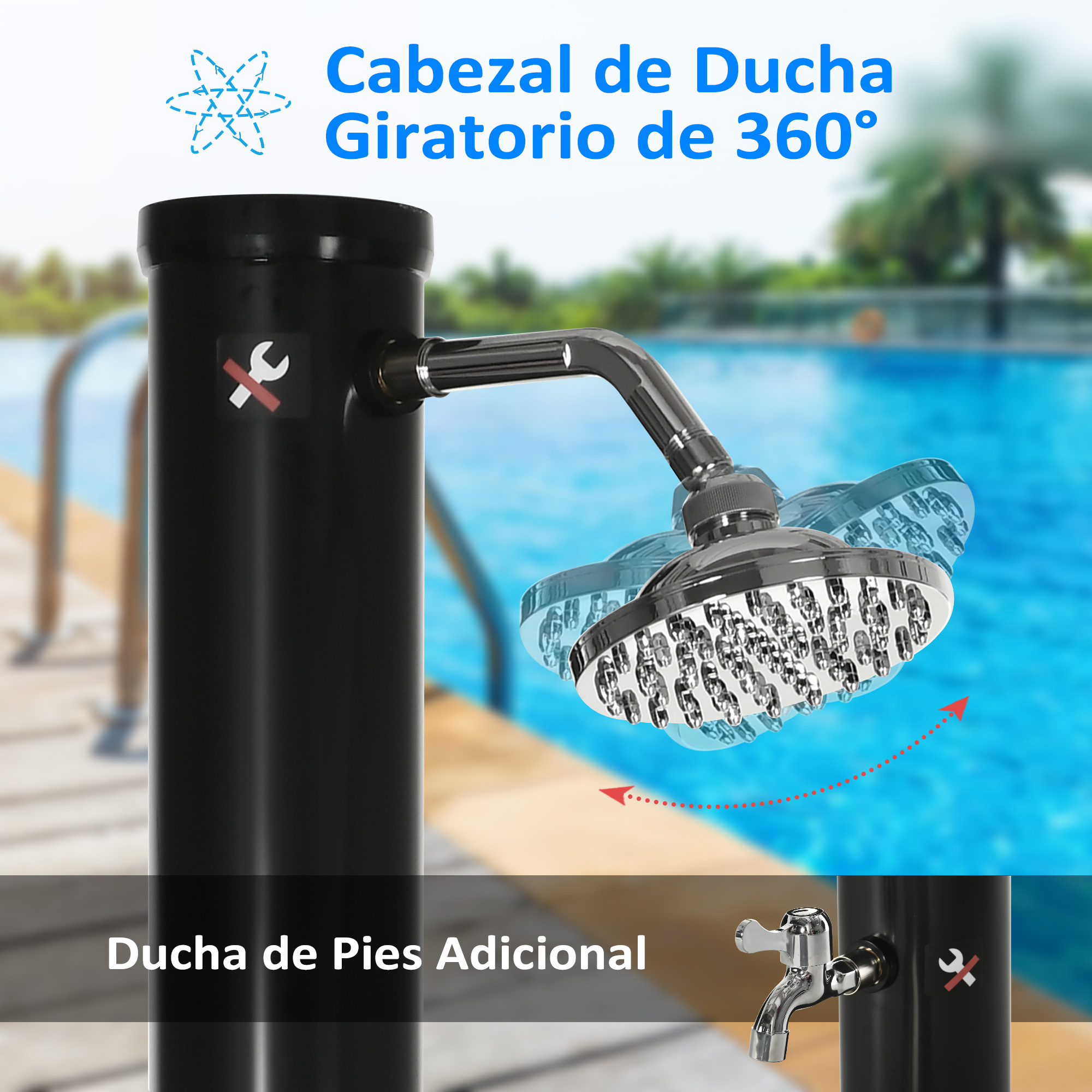 Columna de ducha negra con cabezal giratorio de 360° junto a una piscina.