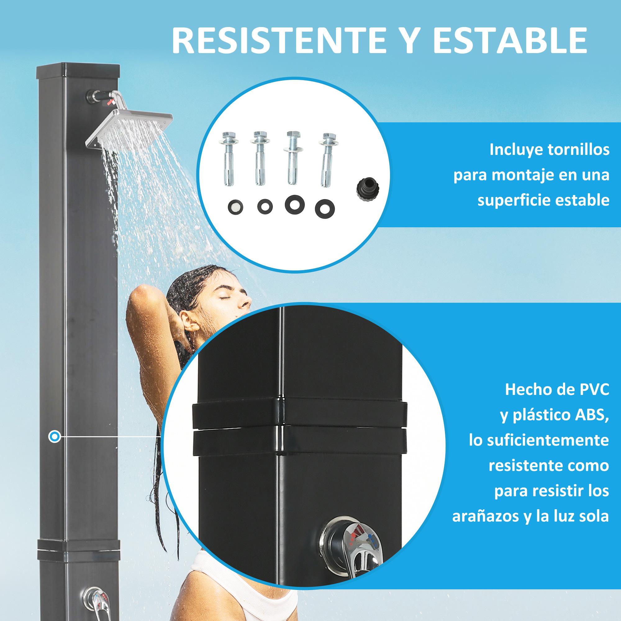 Una mujer se ducha bajo una columna de ducha negra con agua.