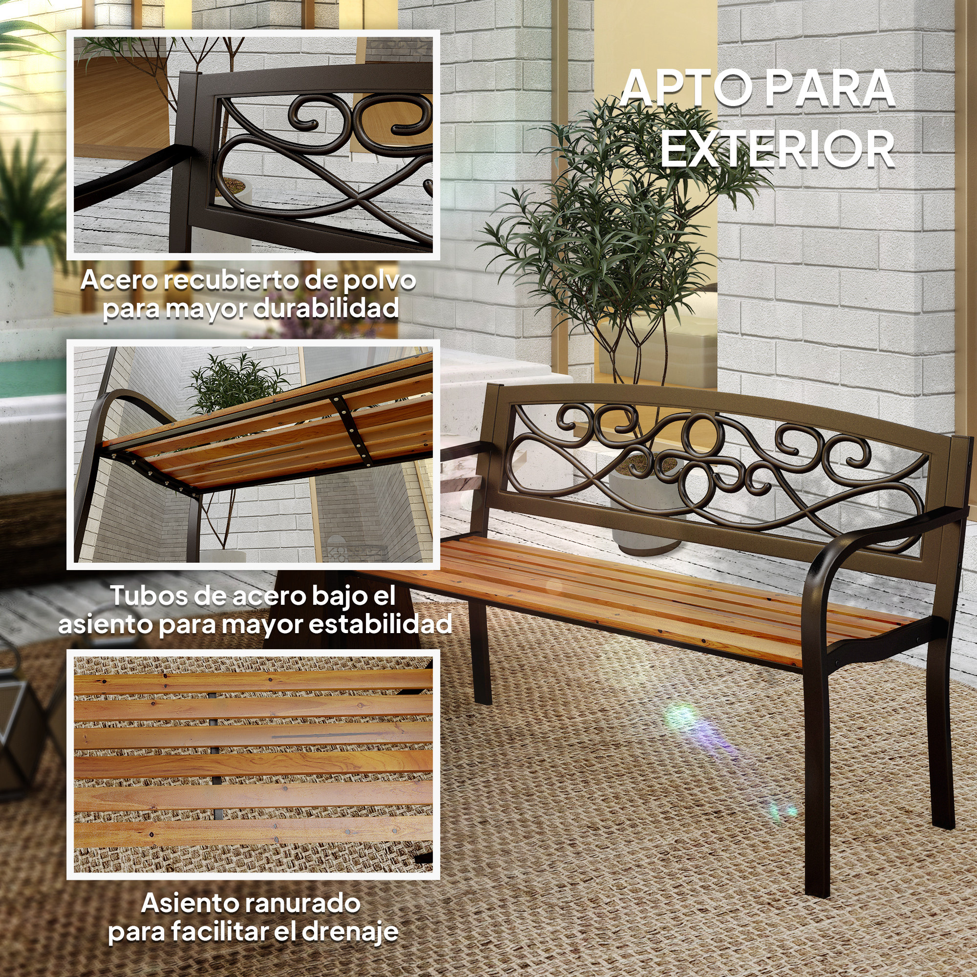 Un banco de metal marrón con listones de madera, apto para exteriores.