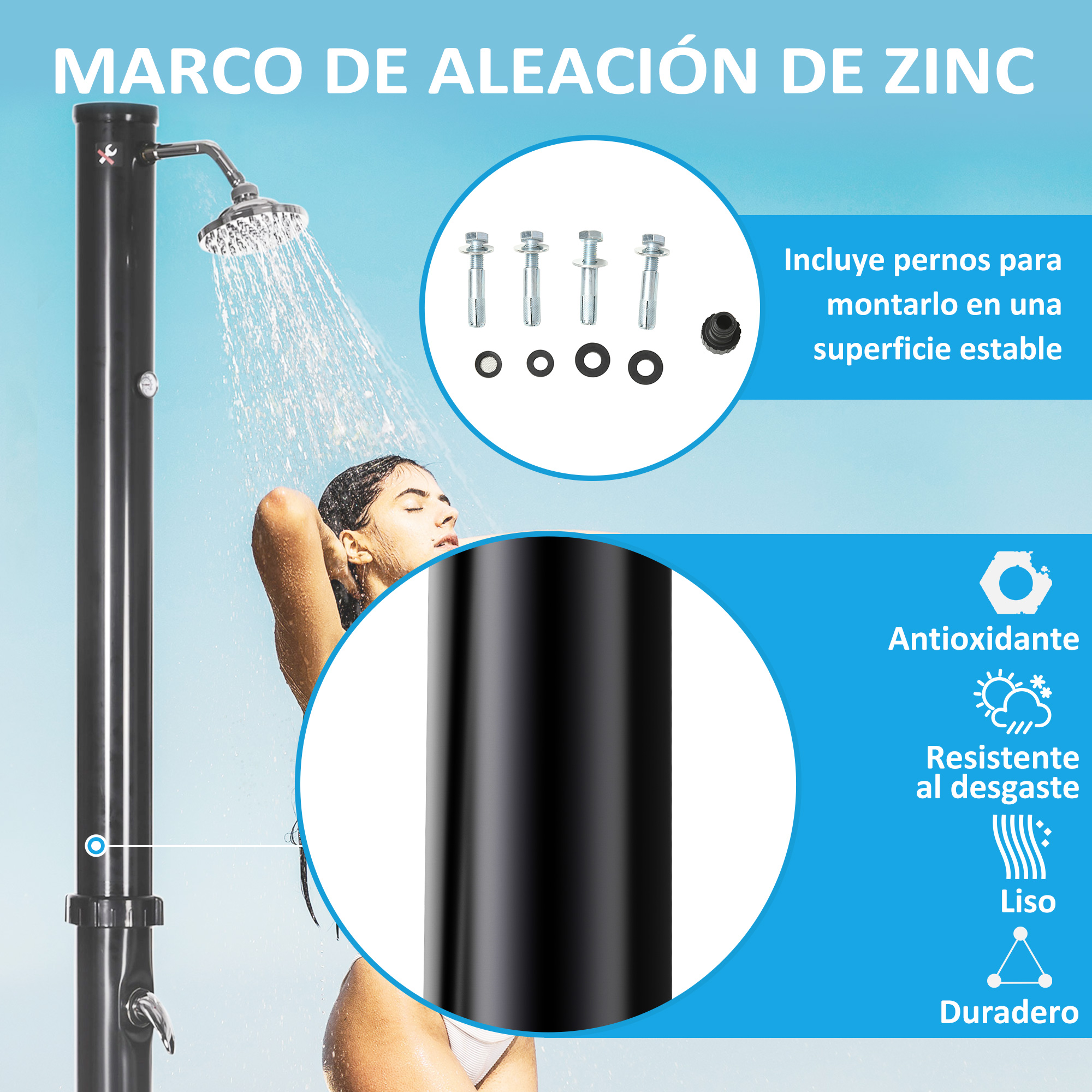 Una mujer se ducha bajo una columna de ducha negra. Se muestra el material de montaje.