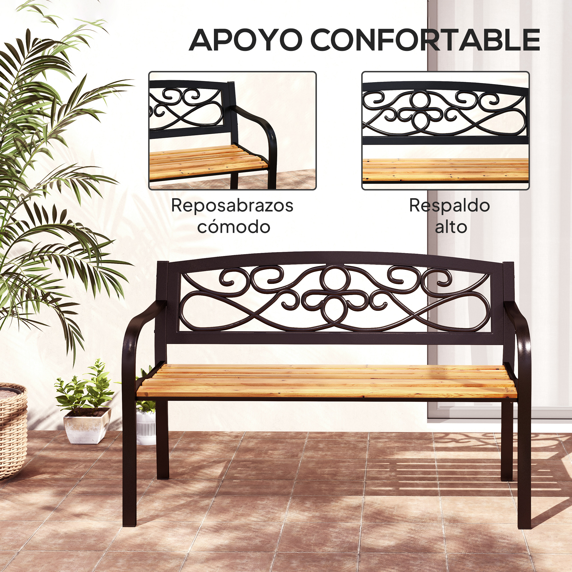 Banco de jardín con listones de madera y marco de metal negro con adornos.