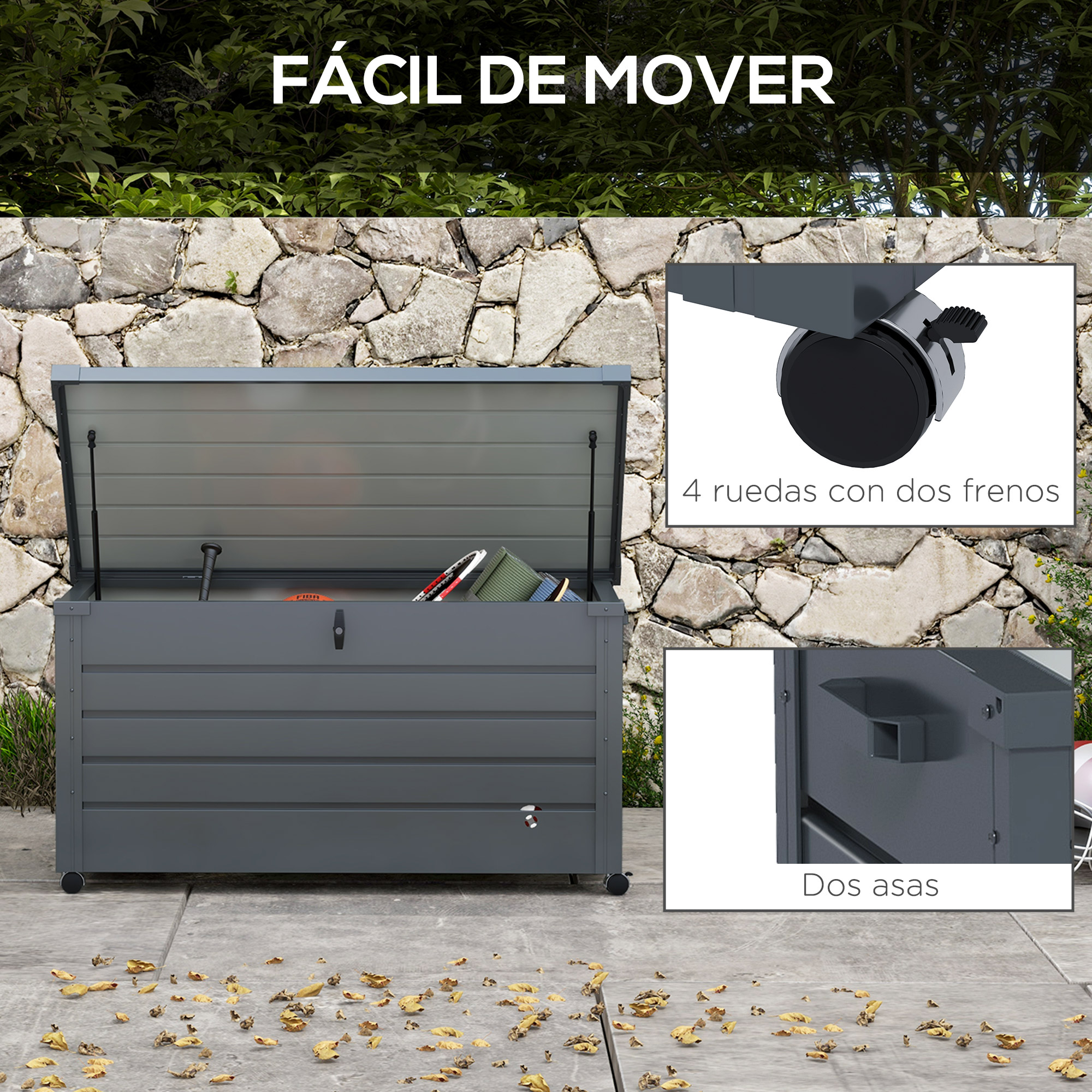 Caja de almacenamiento de jardín gris con tapa abierta, llena de objetos.