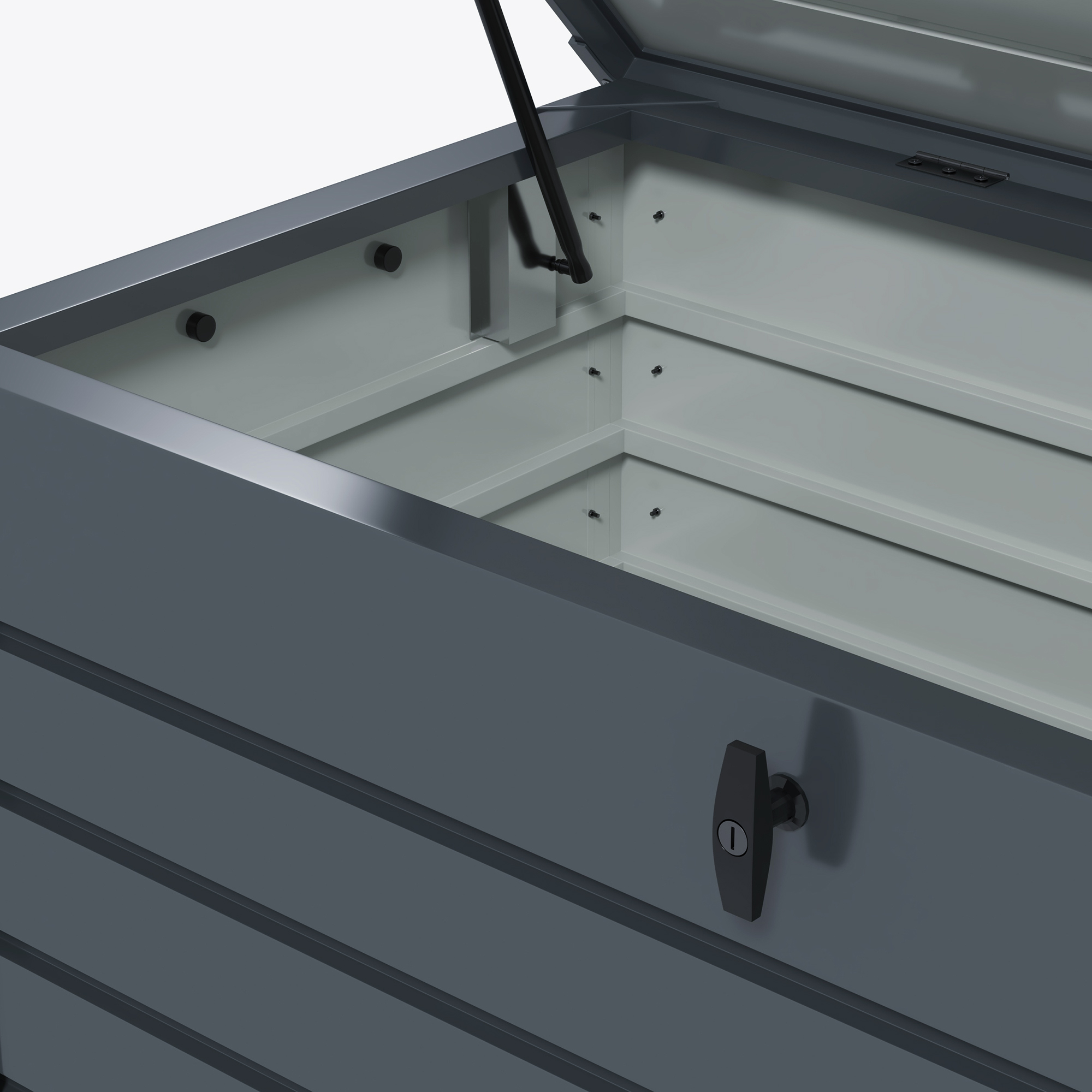 Un baule contenitore grigio aperto con maniglia e cerniera argentate.