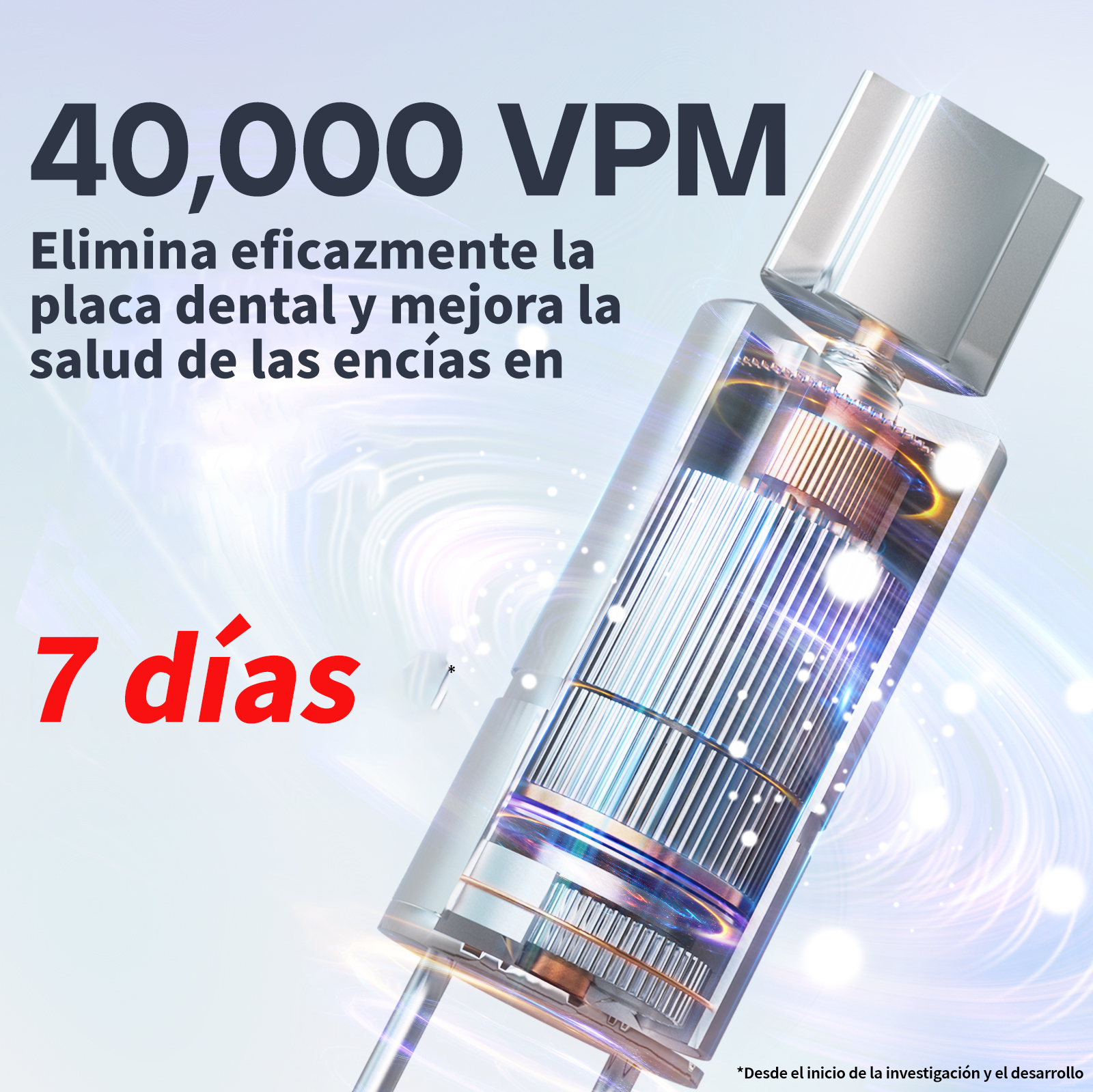 Interior de un cepillo de dientes eléctrico con texto 40.000 VPM.