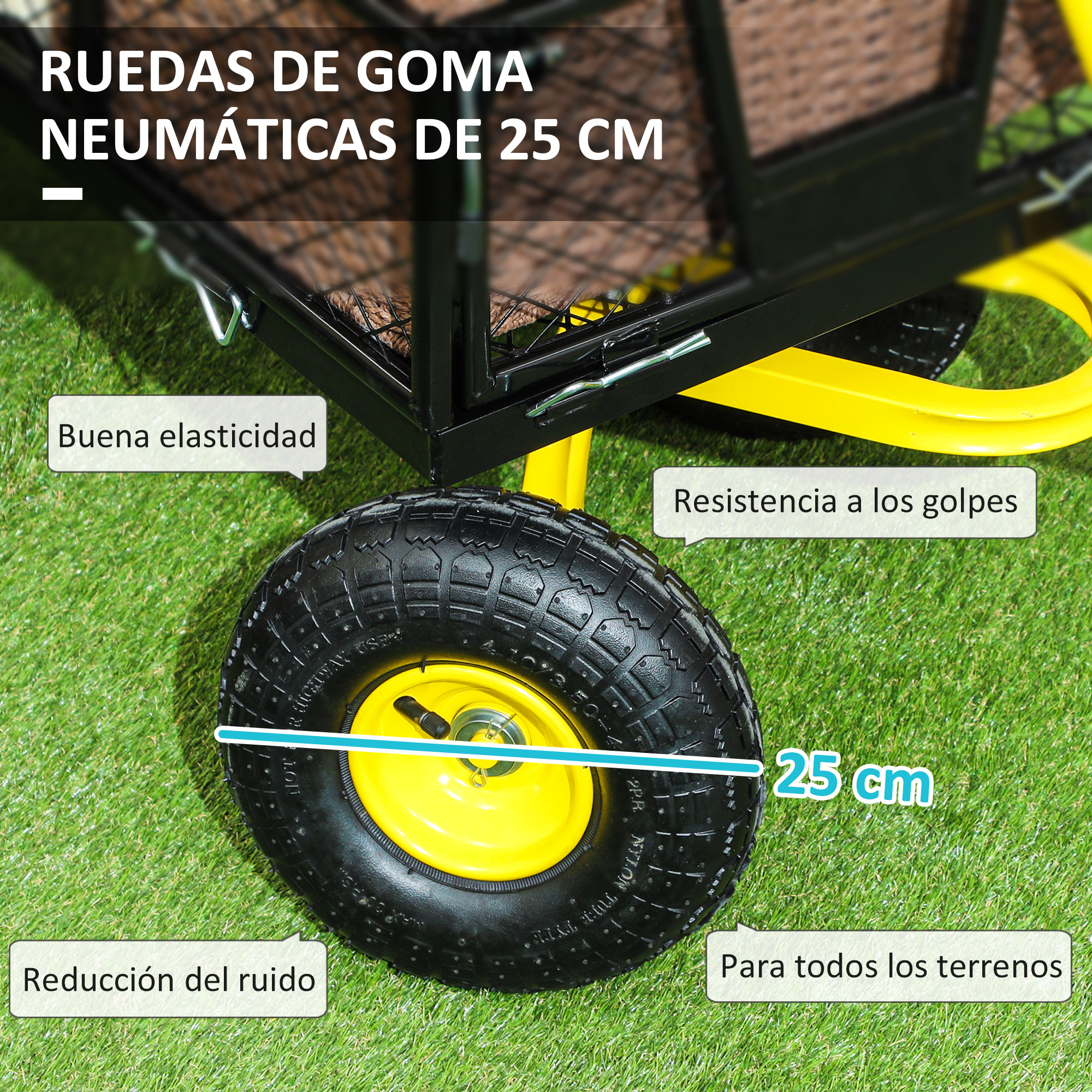 Neumáticos de 25 cm para todo terreno, buena elasticidad.