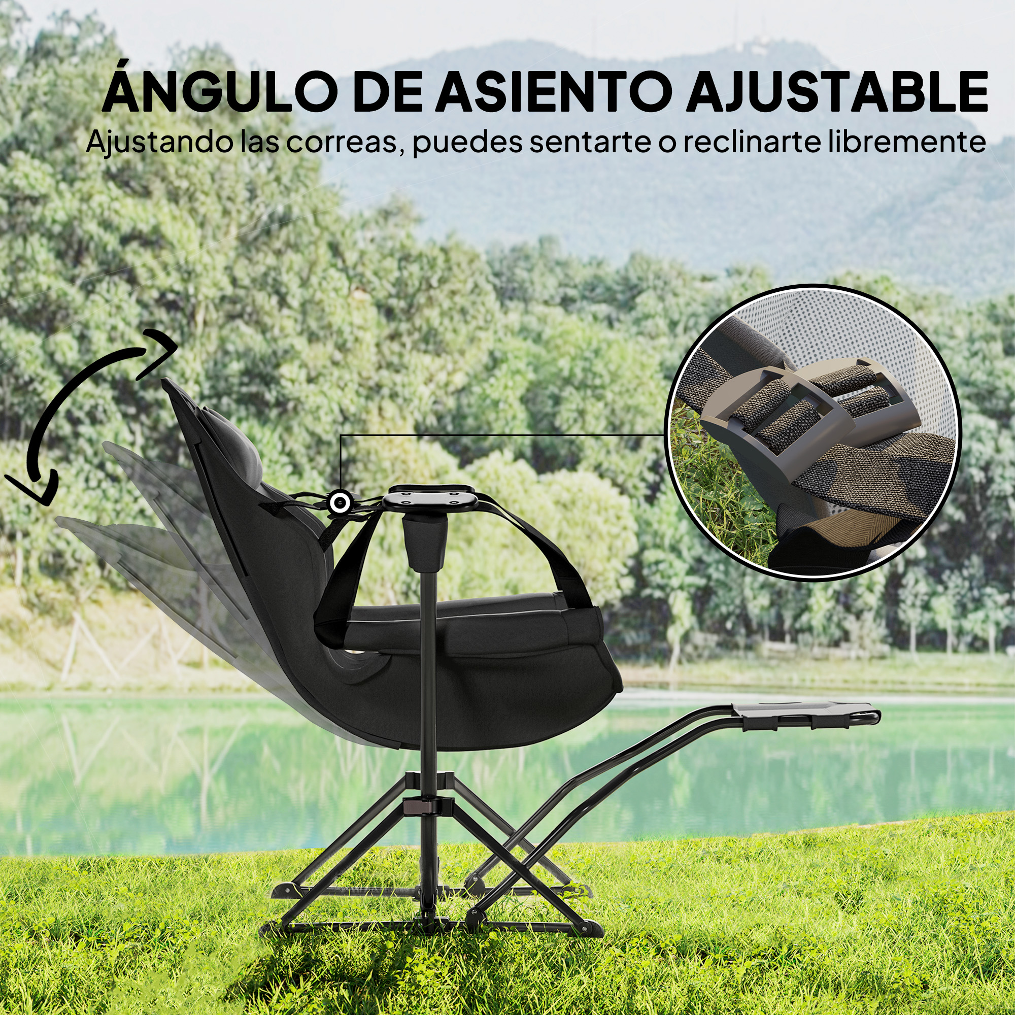 Una silla plegable negra con ángulo de asiento ajustable sobre hierba verde junto al agua.