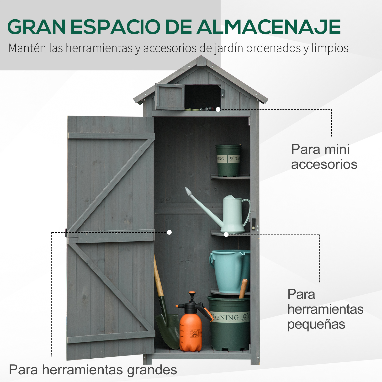 Armario de jardín gris con puerta abierta, lleno de herramientas y contenedores.
