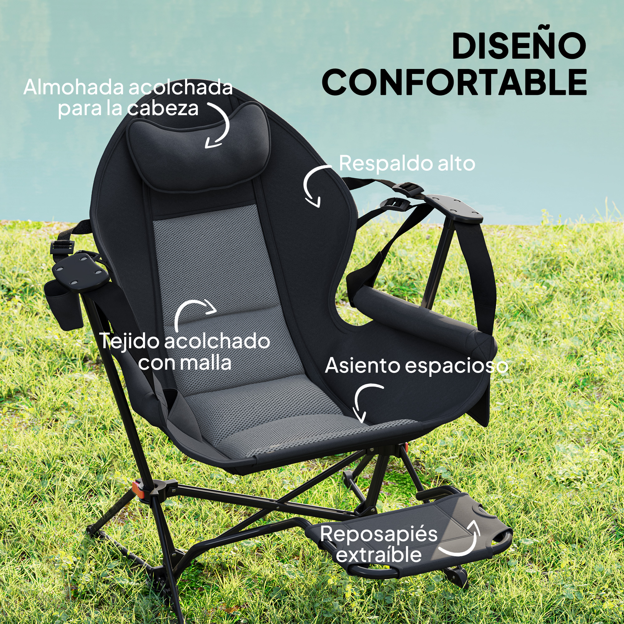 Una silla de camping negra y cómoda con reposacabezas y reposapiés al aire libre.