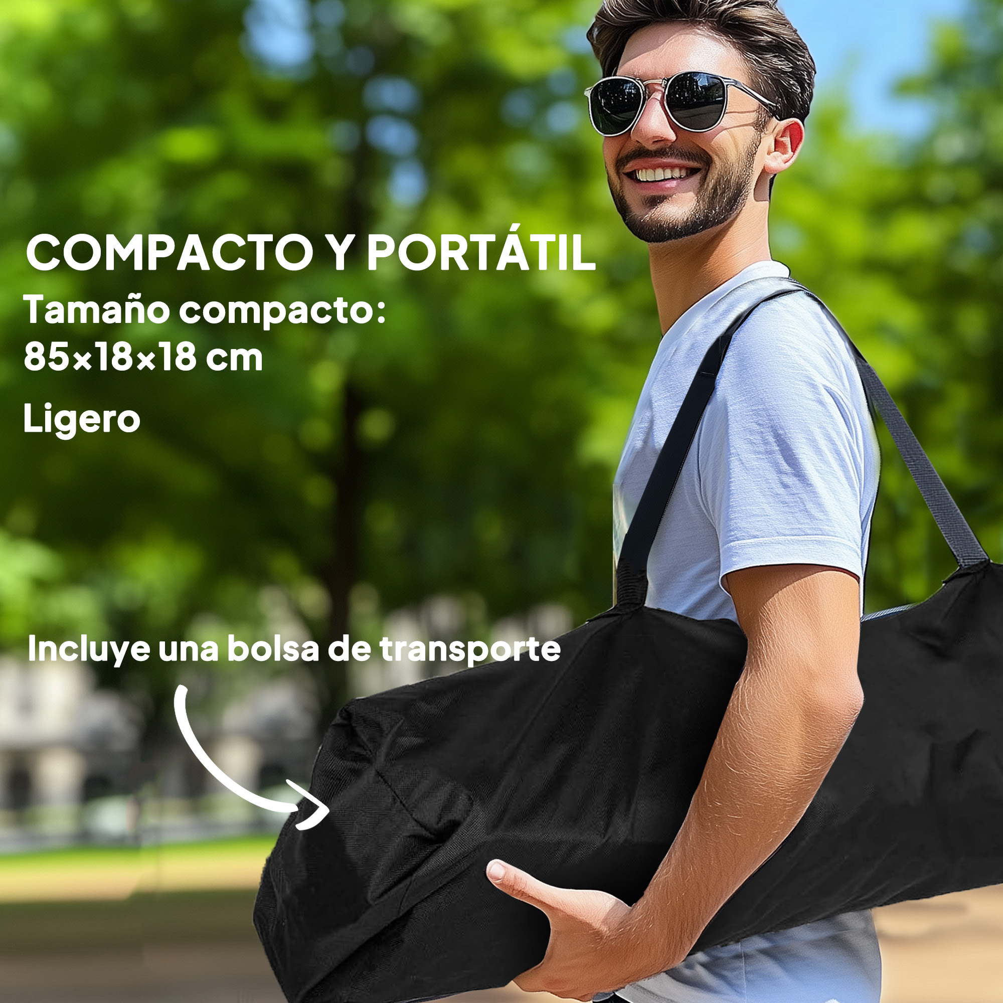 Hombre lleva bolso negro, texto sobre tamaño compacto. Exterior.
