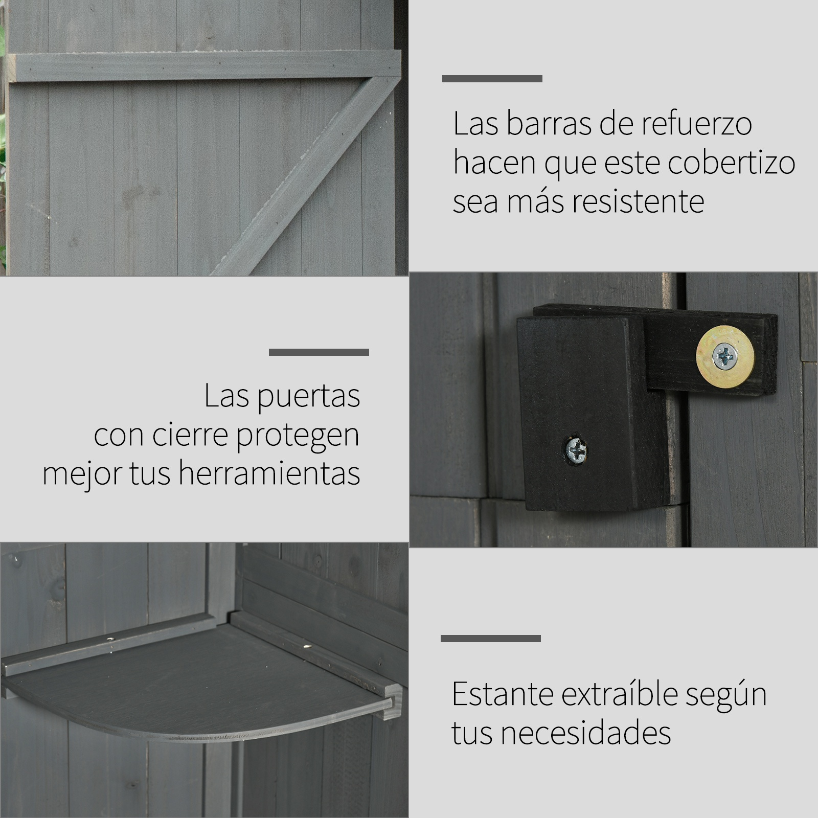Co તેથી de madera gris con puertas, pestillo, estante y refuerzos.