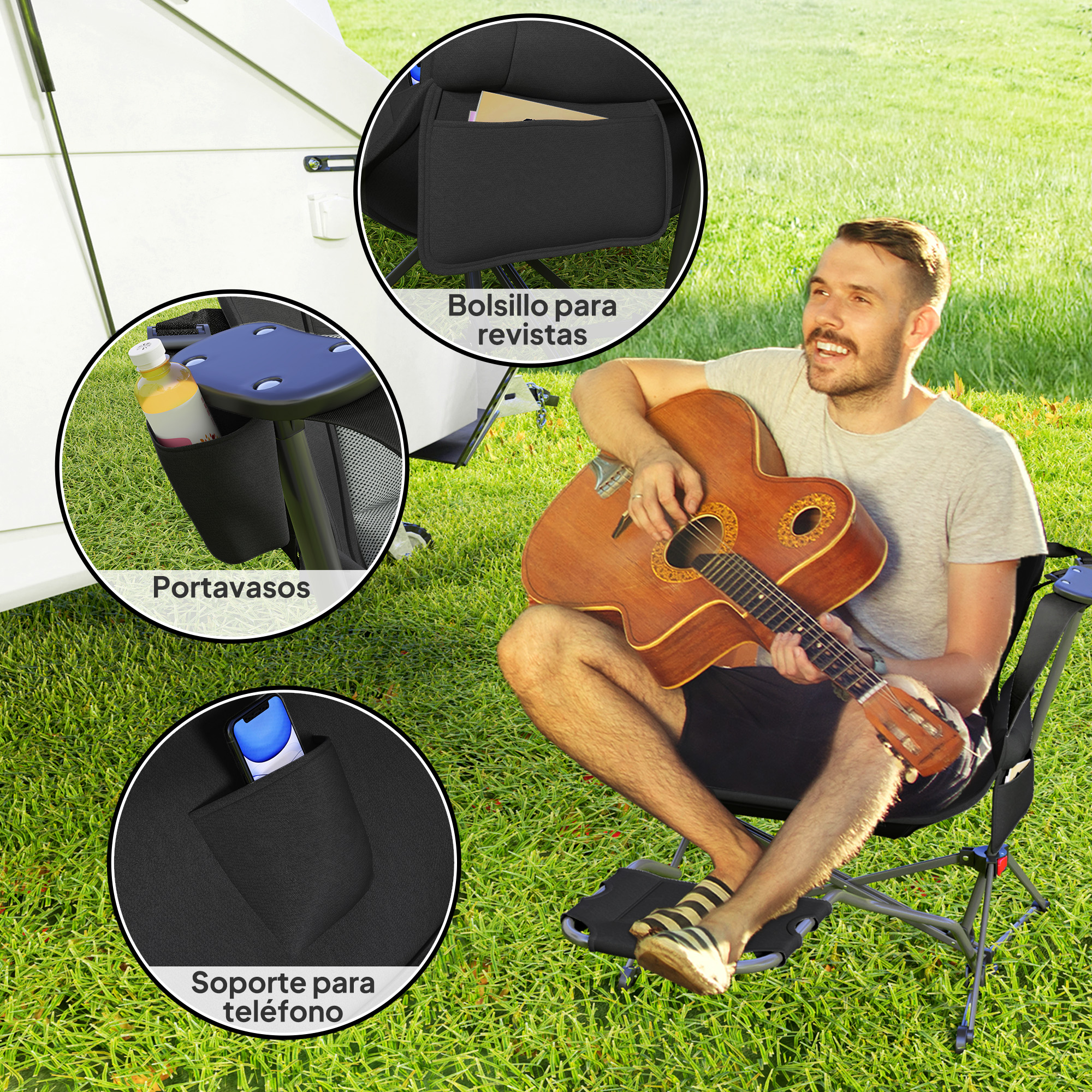 Hombre toca guitarra en silla de camping con portavasos y bolsillo.
