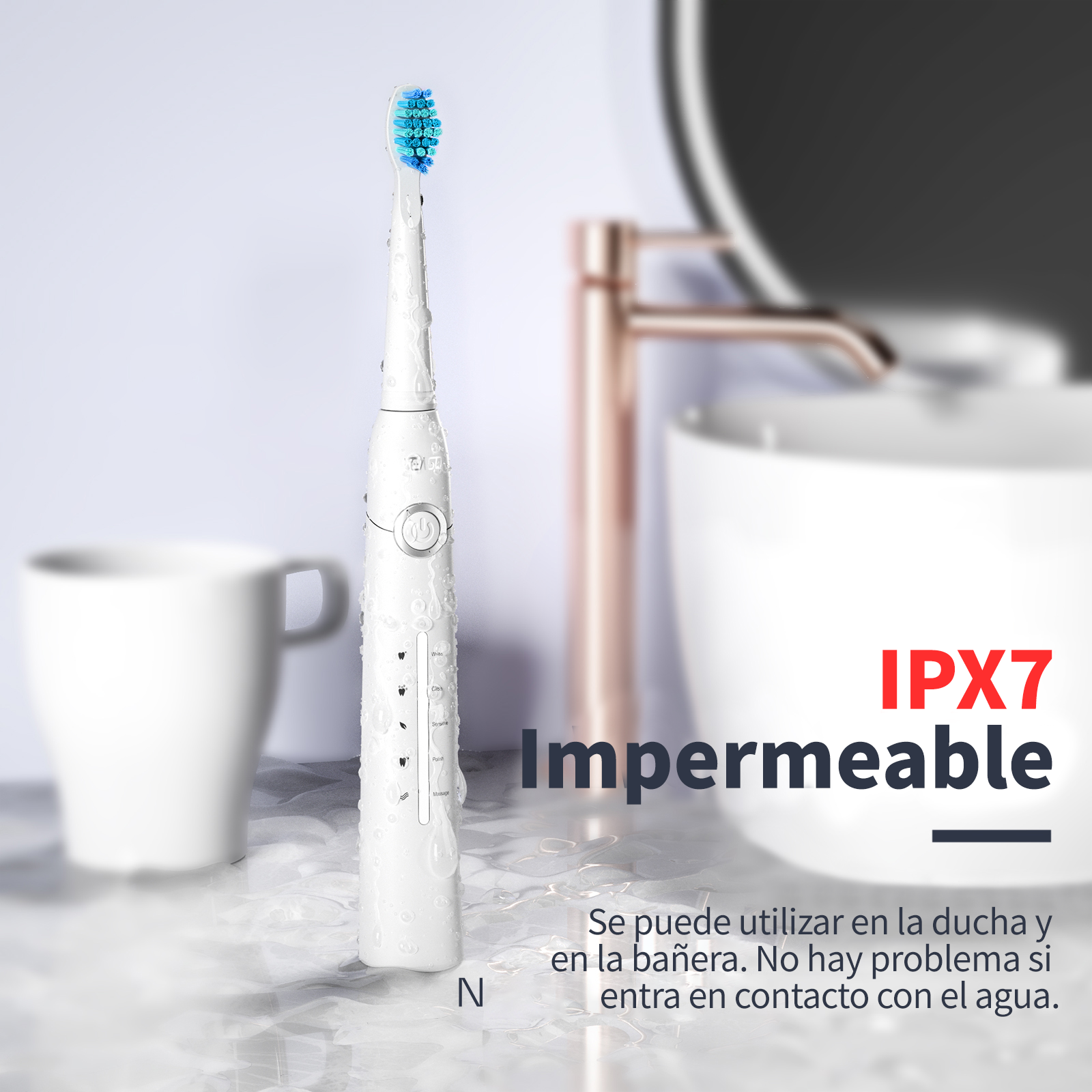 Cepillo de dientes eléctrico blanco con cerdas azules, mojado, junto a una taza.