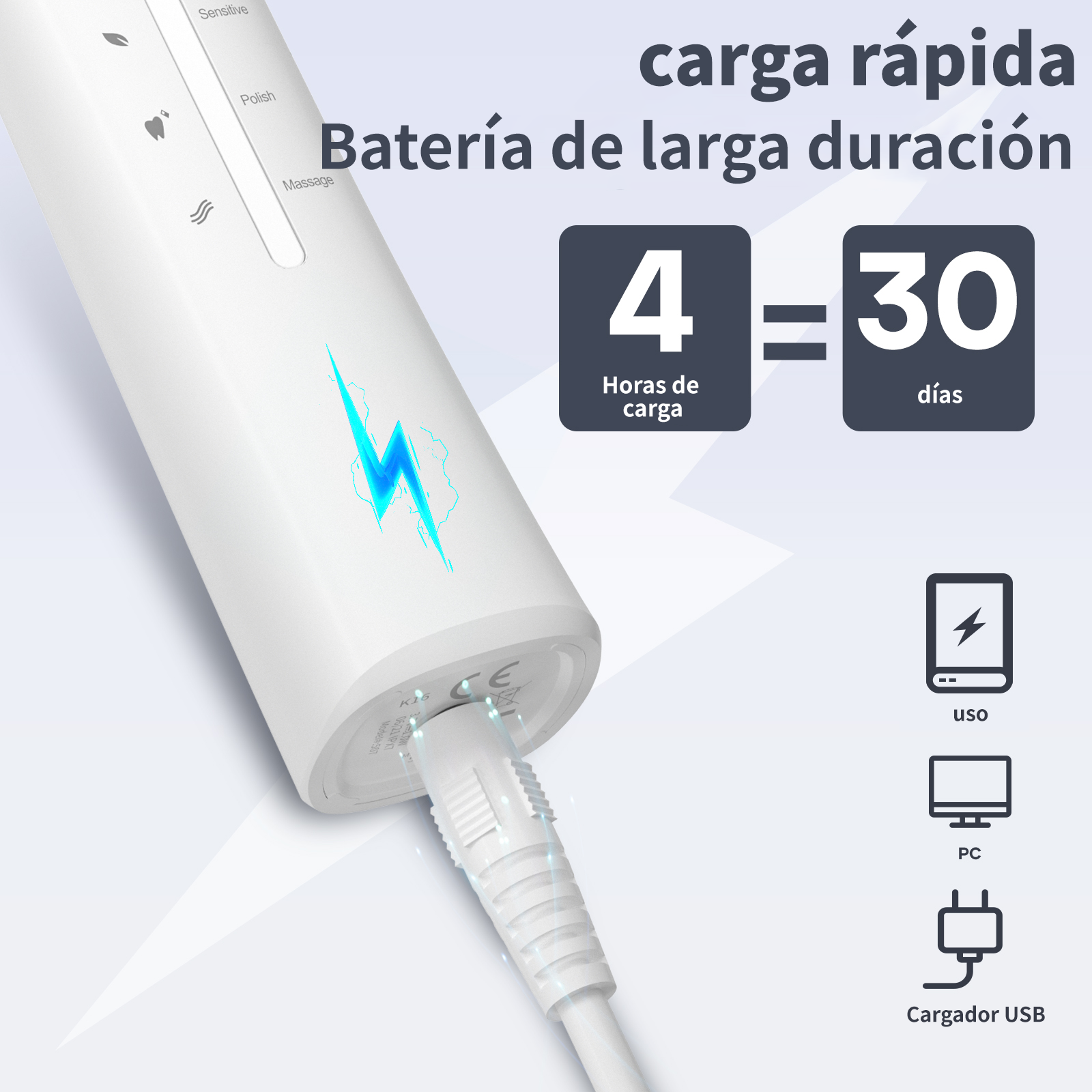 Un dispositivo blanco con cable USB. 4 horas de carga para 30 días.
