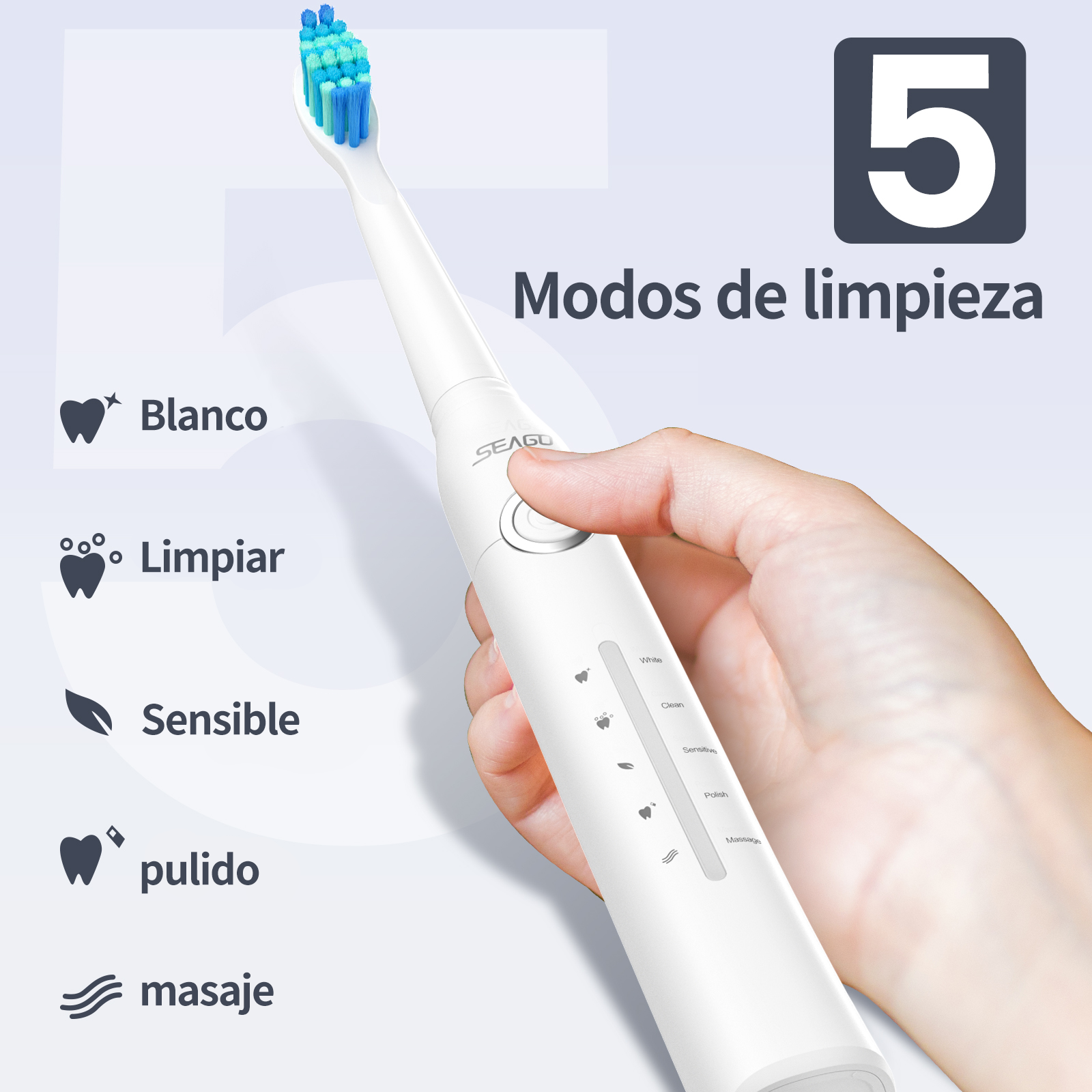 Cepillo dental blanco con 5 modos: Blanco, Limpiar, Sensible, Pulido, Masaje. Mano sujetándolo.