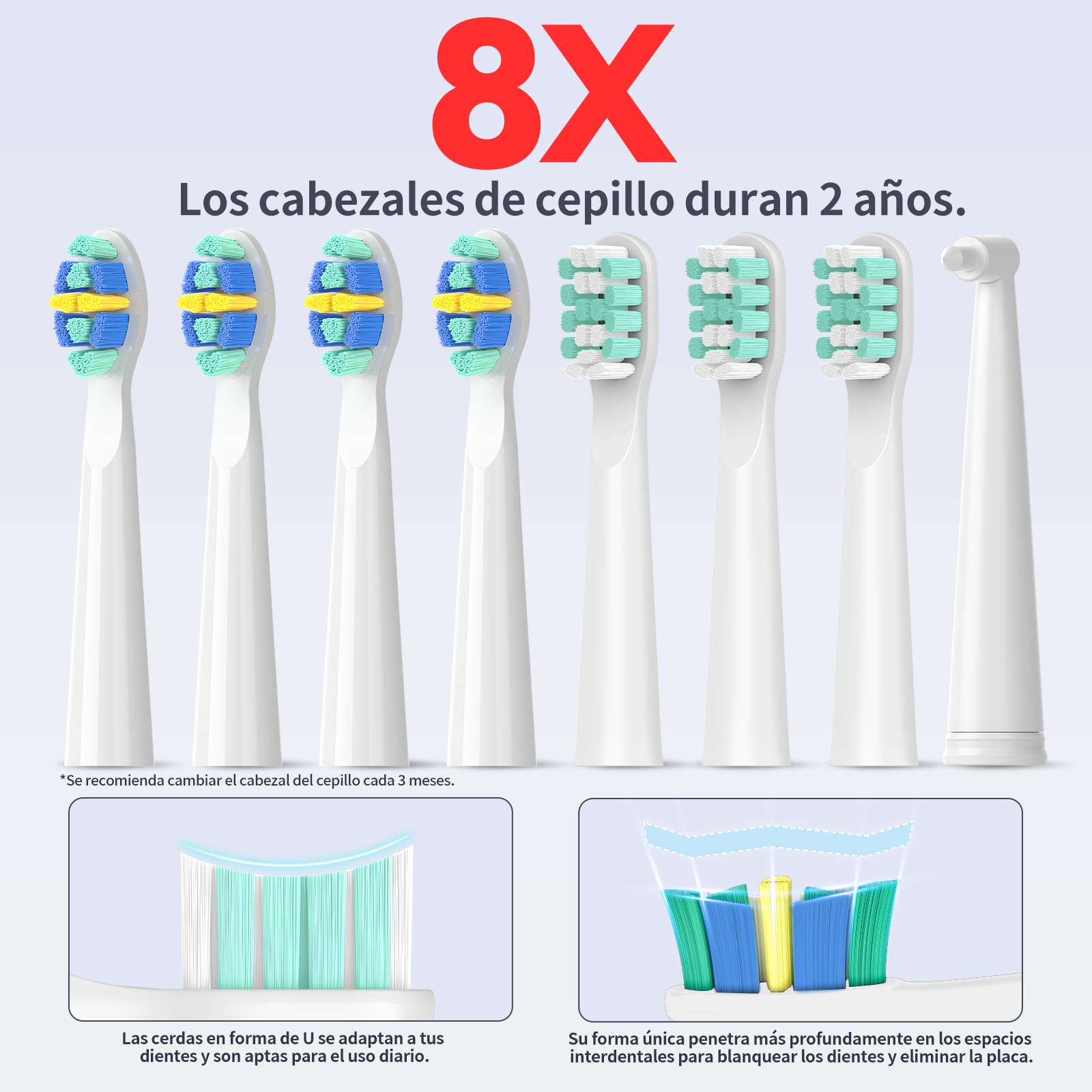8X cabezales duran 2 años. Cerdas en U y limpieza profunda.