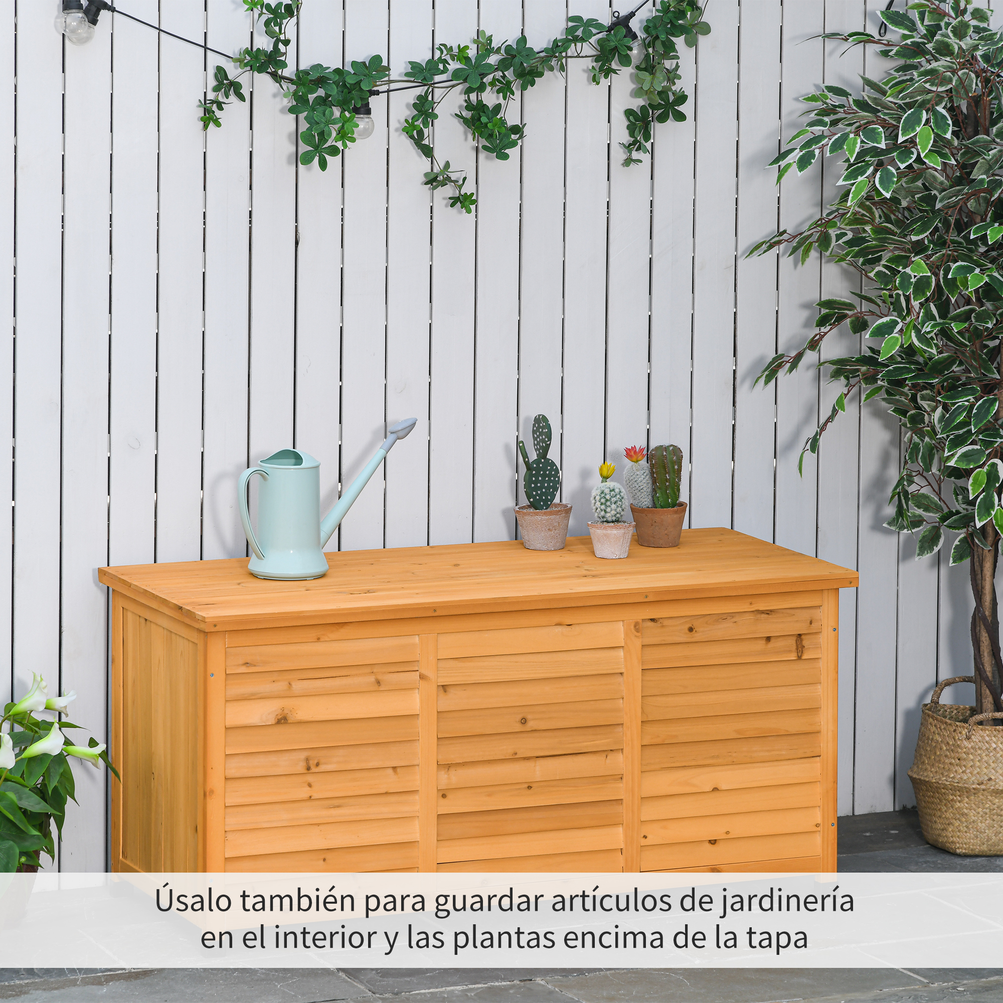 Cofre de madera con regadera, cactus y plantas contra valla de lamas blancas.