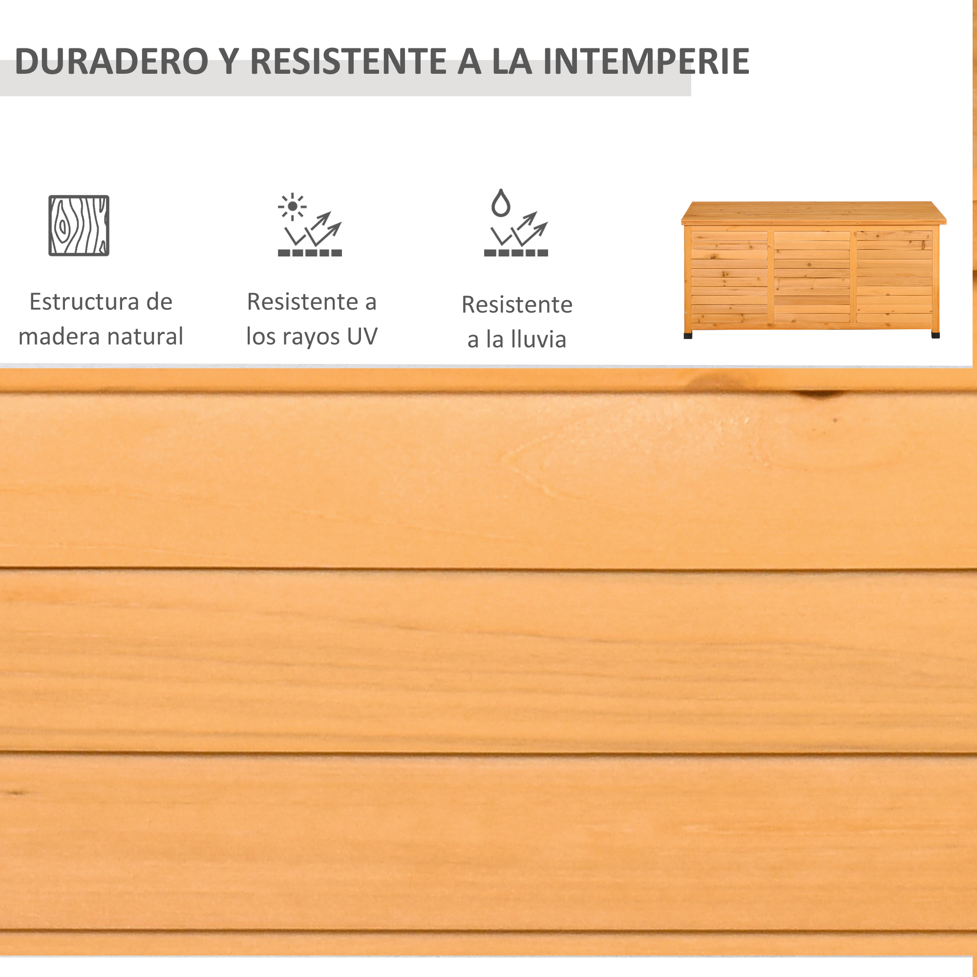 Arcón de madera: madera natural, resistente a rayos UV y lluvia.