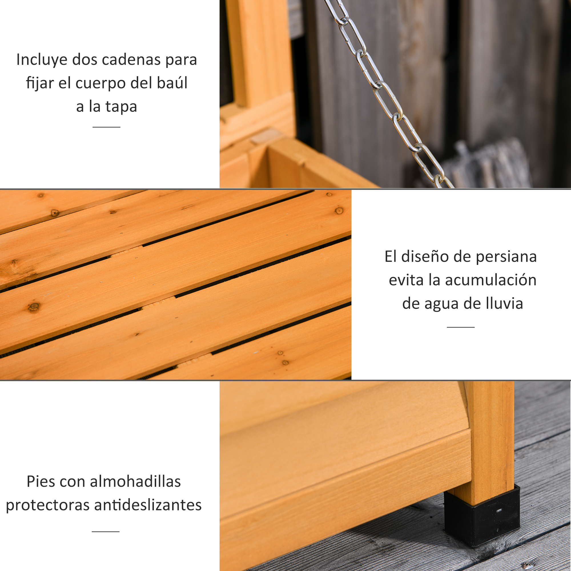 Banco de madera con cadenas, diseño de persiana y pies protectores.