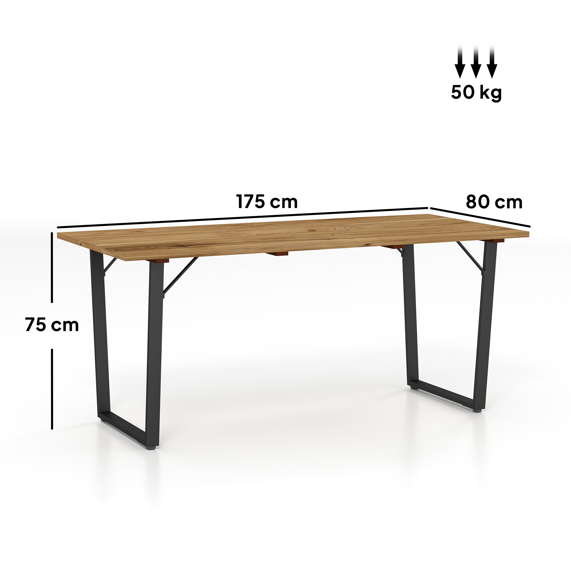 Tavolo in legno con gambe in metallo nero, 175x80x75cm, carico 50kg.