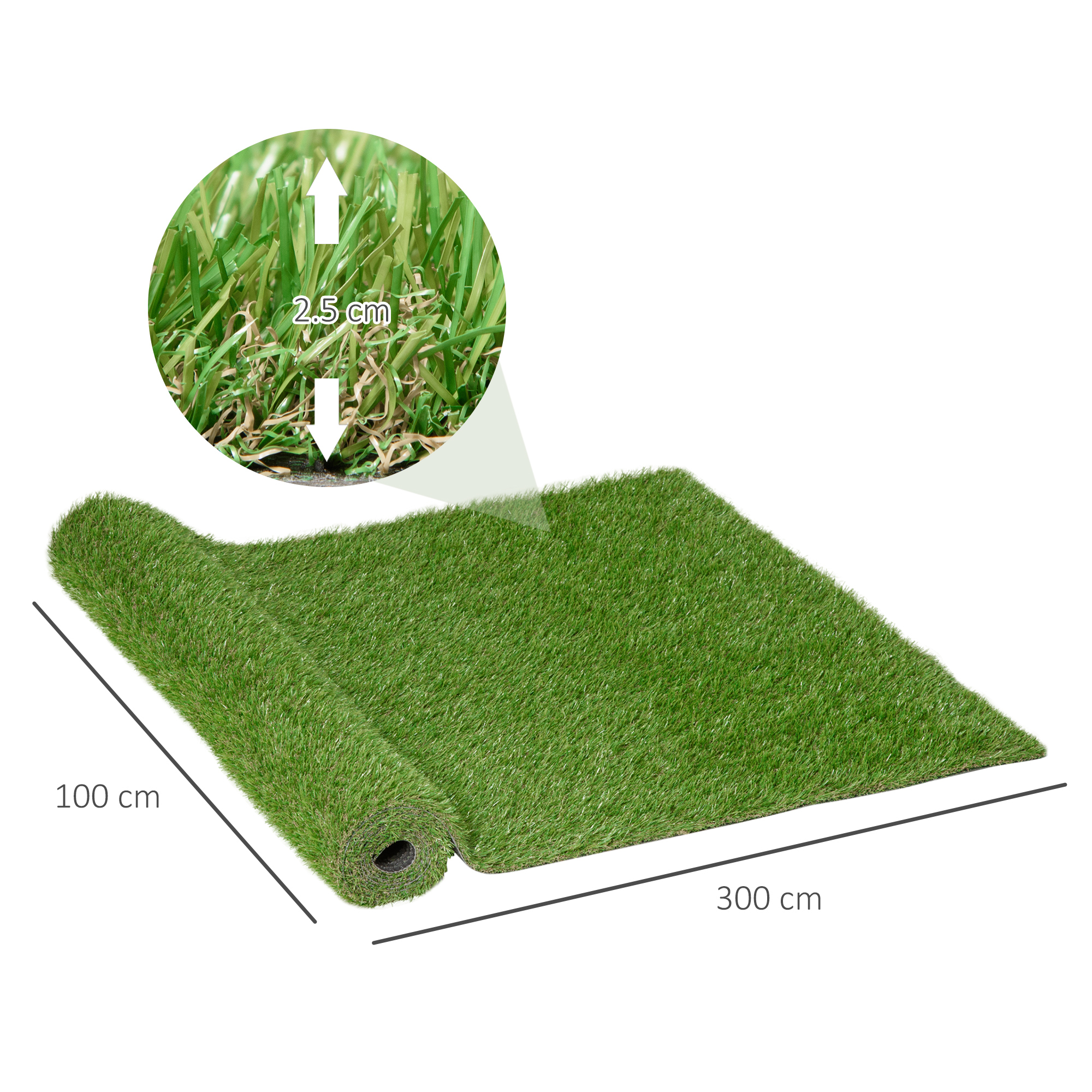 Tapete de césped artificial enrollada con dimensiones 100 cm y 300 cm.