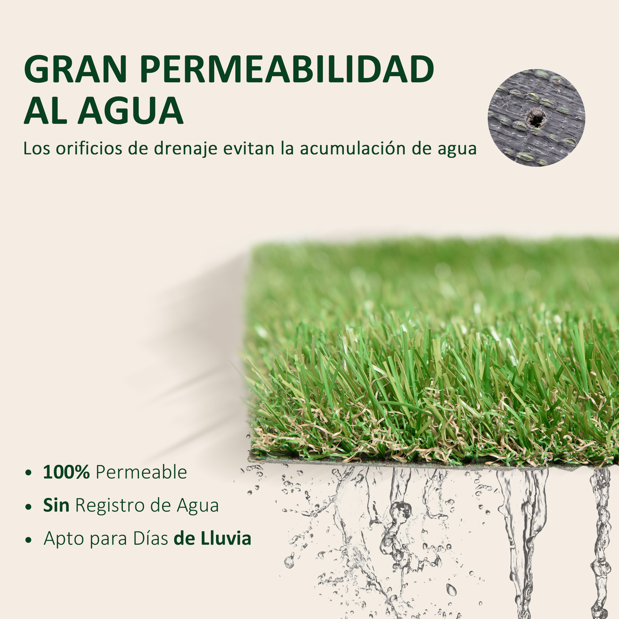 Césped artificial con agua drenando por la parte trasera, mostrando permeabilidad.