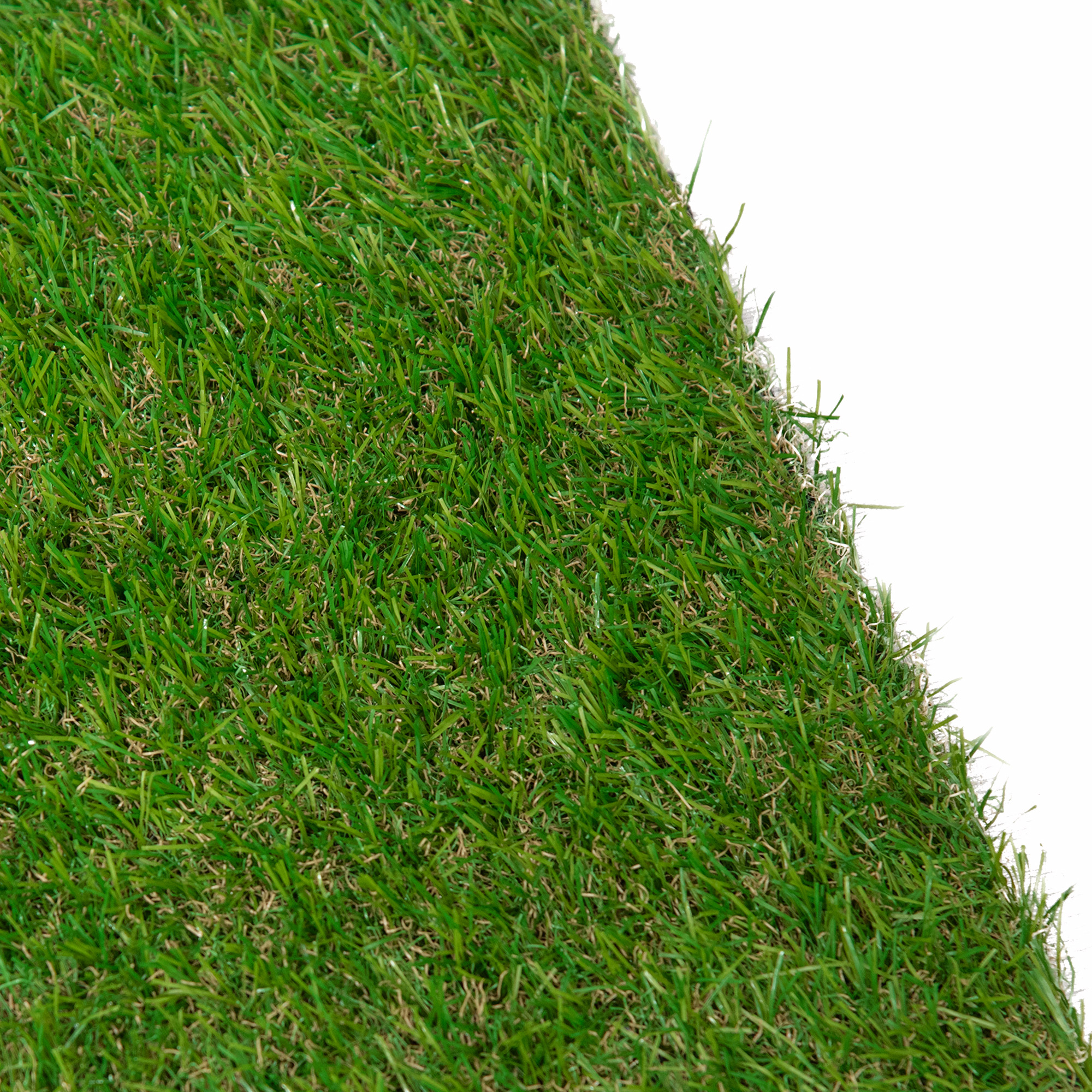 Primer plano de césped artificial verde con acentos marrones.