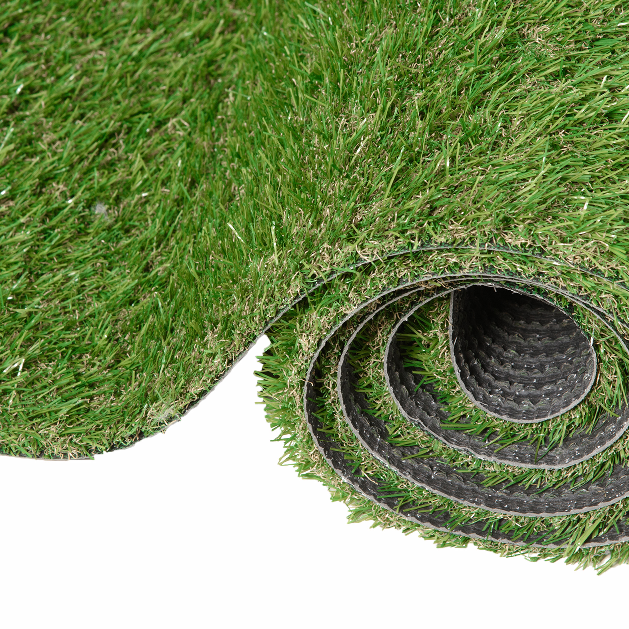 Un rollo de césped artificial con hojas verdes y material de soporte oscuro.