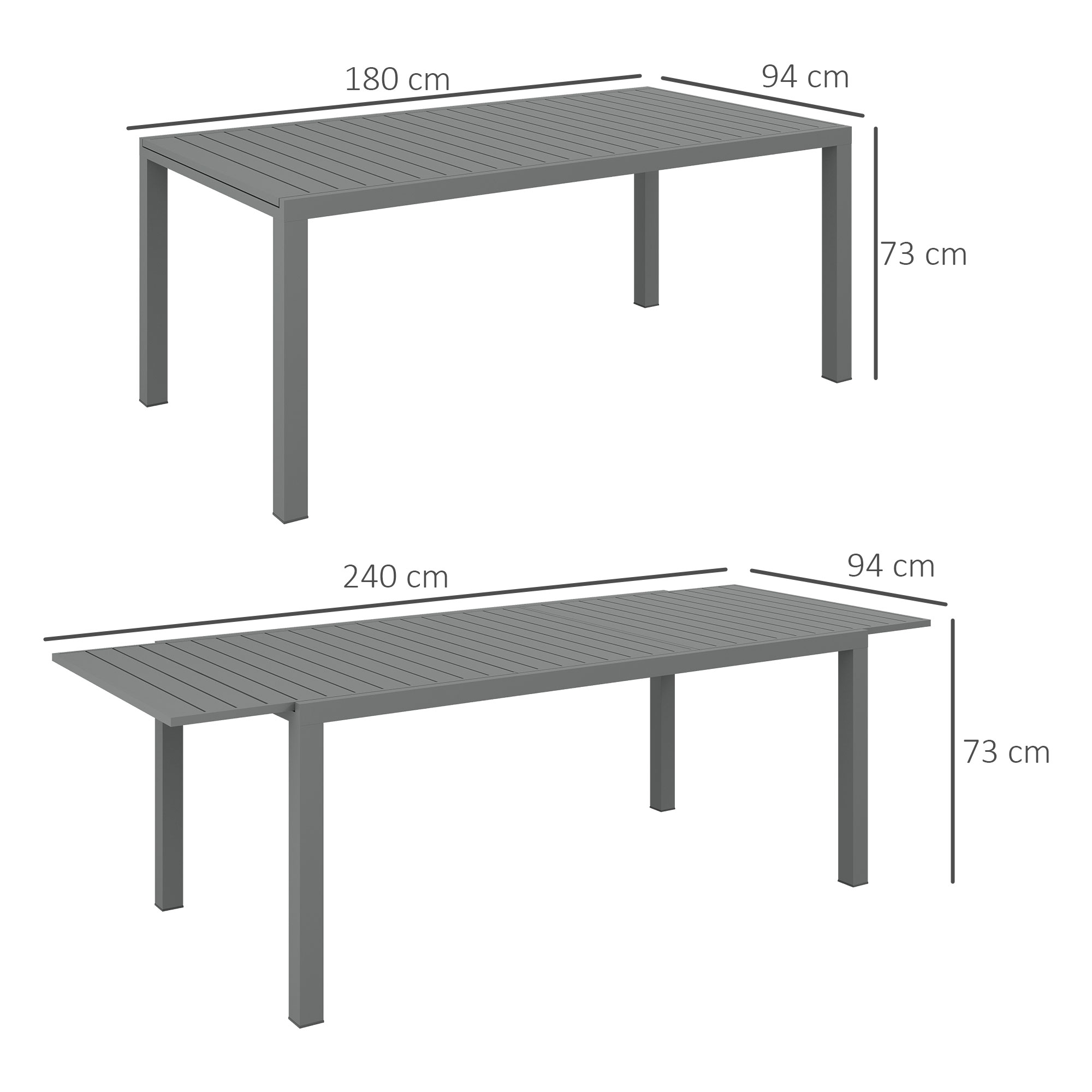 Dos mesas grises con dimensiones: 180x94x73 cm y 240x94x73 cm.