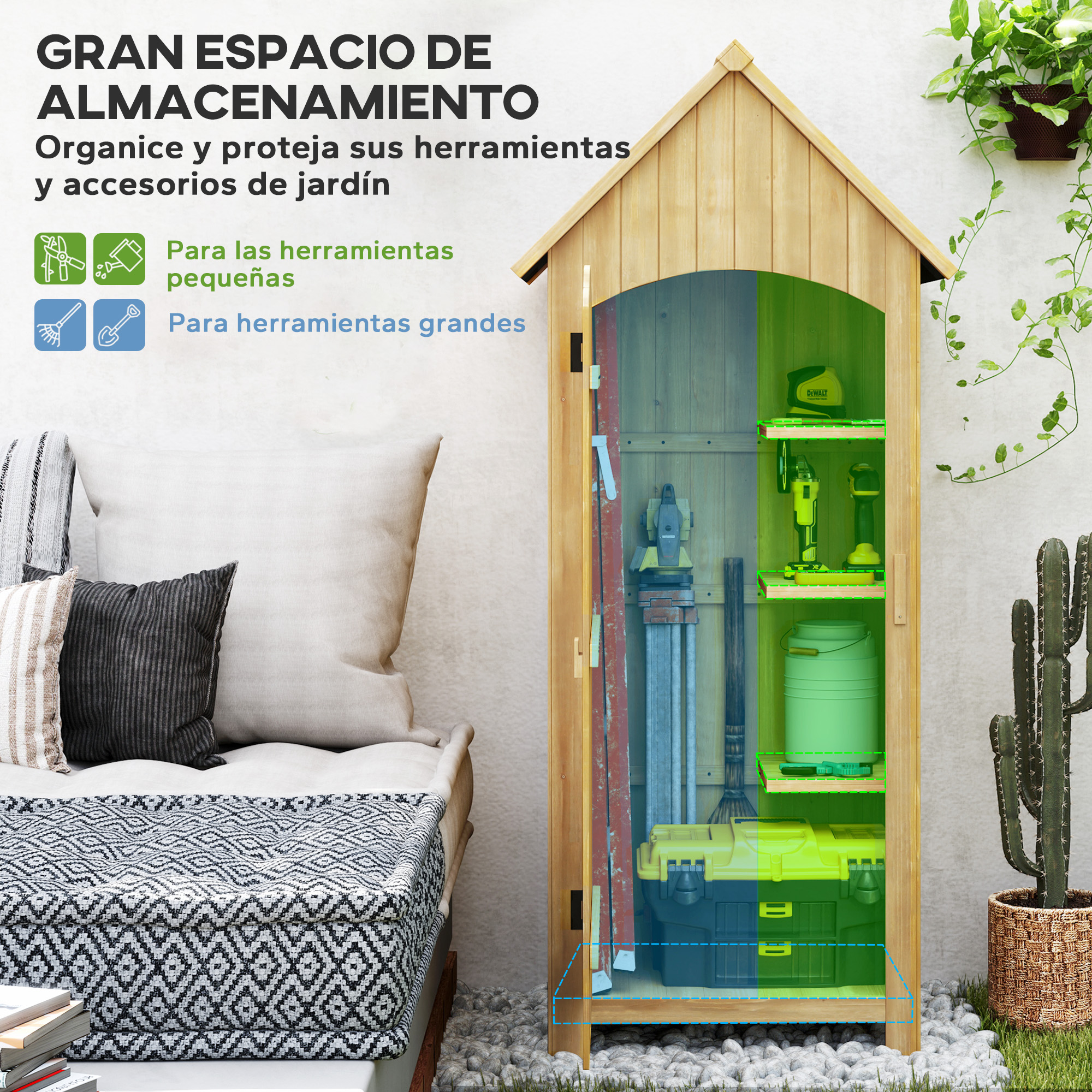 Armario de jardín de madera con herramientas y cajas de almacenamiento.