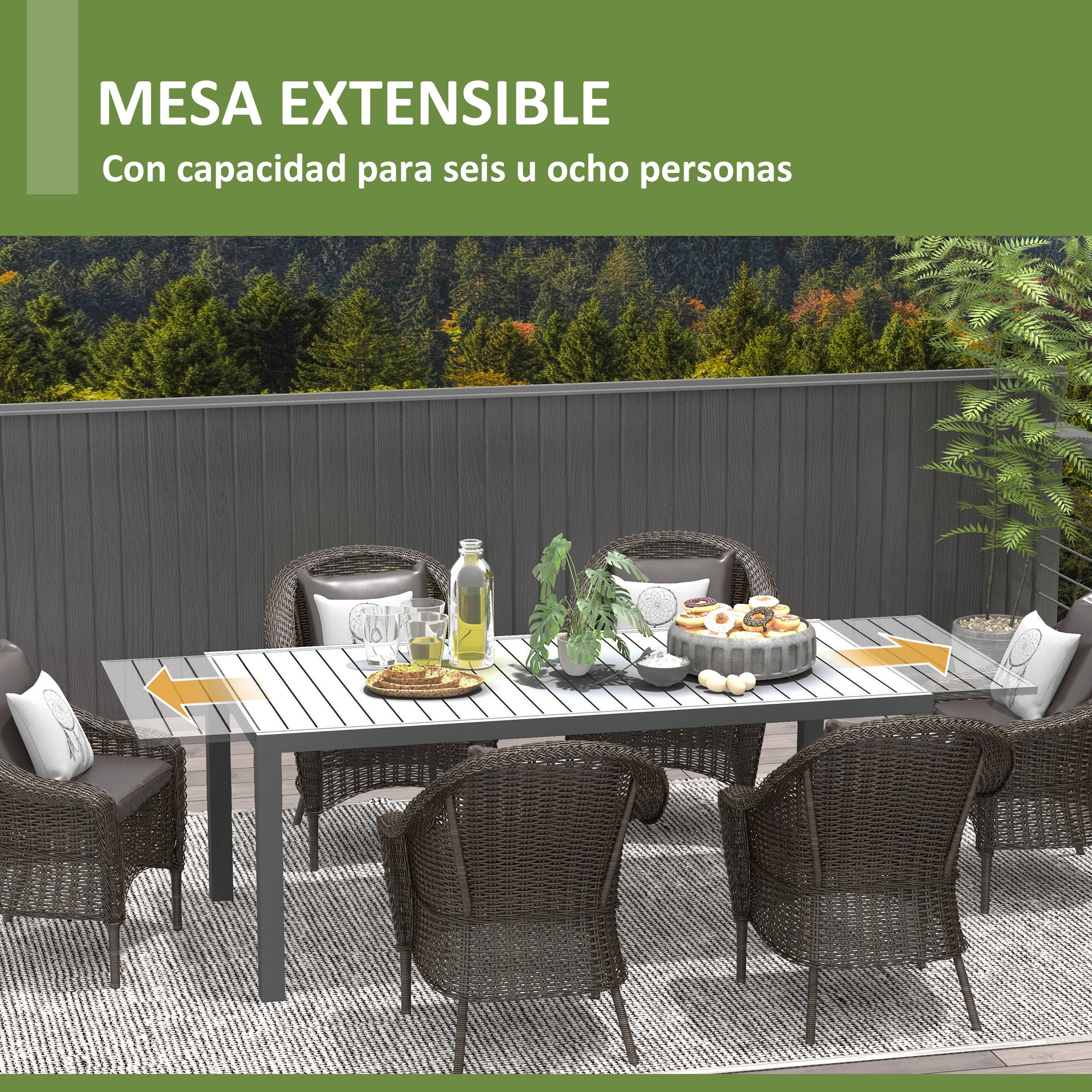 Mesa extensible con seis sillas al aire libre, puesta con comida.
