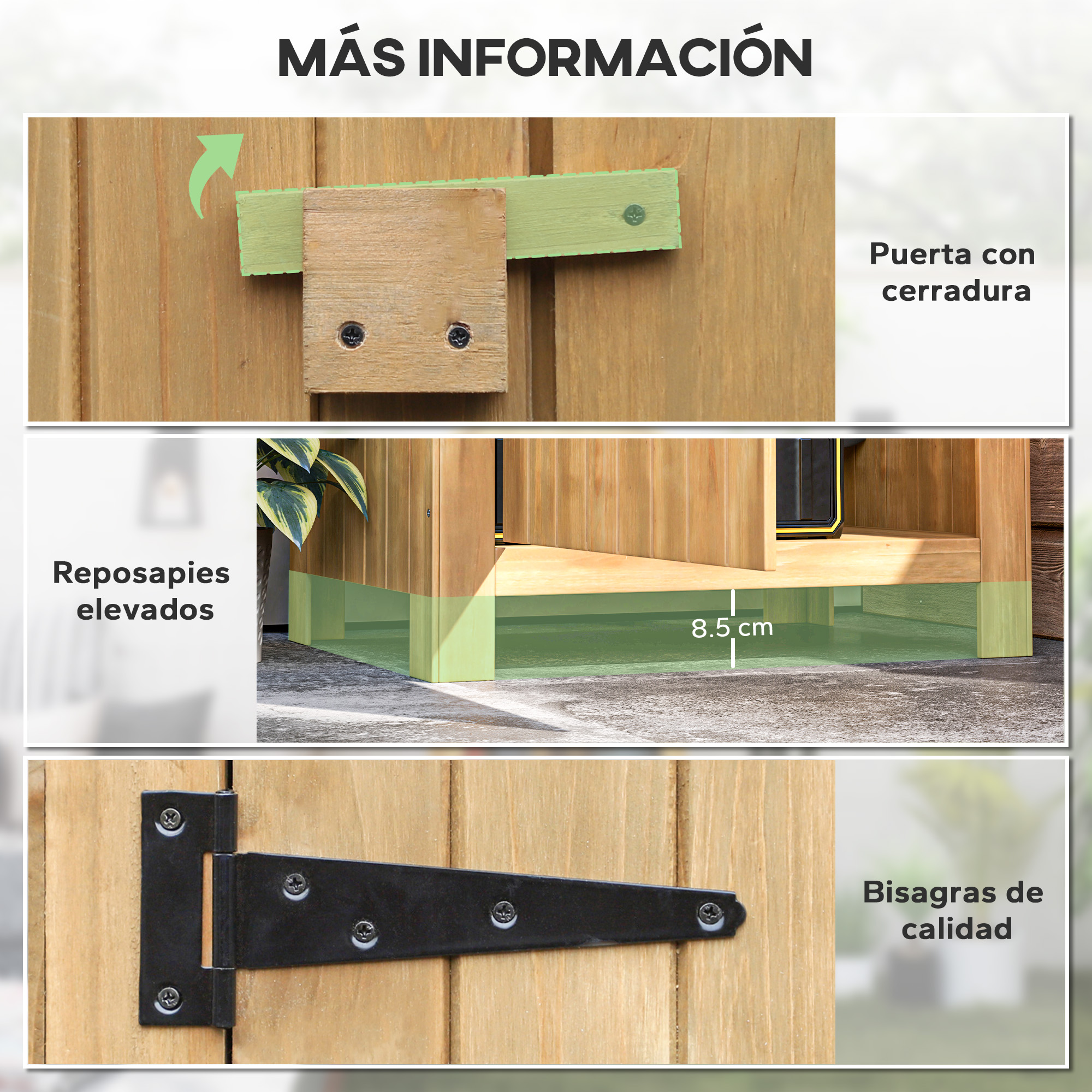 Cerradura de madera, pies elevados y bisagras negras en puertas.